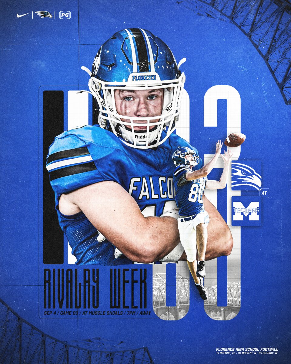 FloFalconsFB's tweet photo. GAME WEEK.

NO MATTER WHICH SIDE OF THE RIVER YOU’RE ON…
THIS ONE MATTERS.

The Falcons head across the river this Friday night for a rivalry matchup with Muscle Shoals.

Be there. BE LOUD!

📍 Muscle Shoals
🗓️ Friday, September 4
⏱️ 7:00 PM

ONE TEAM. ONE MISSION.
#WeAreFALCONS https://t.co/p2vOr7sXqQ