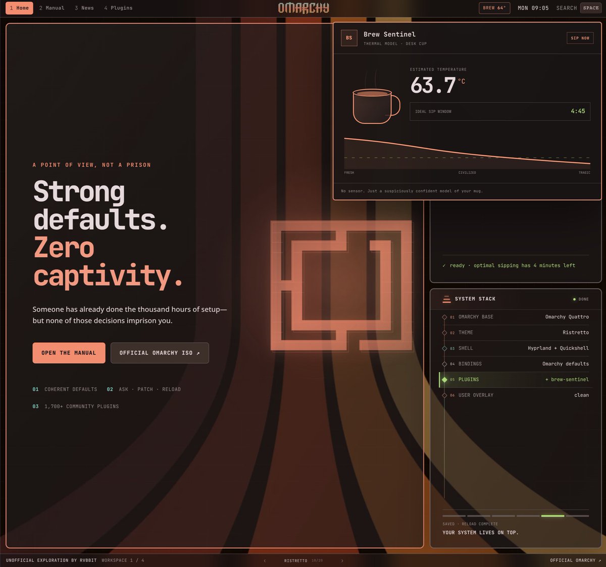 ryrobes's tweet photo. .@dhh My take on the Omarchy site - leaning in Hyprland + editable OS vibes, themes, fun stuff.

https://t.co/68bLIQ7RT0 https://t.co/Zt3Vry6F8B