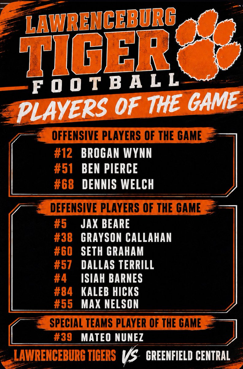 LBurgFootball's tweet photo. Lawrenceburg Tiger Players of the game from our week 2 victory over Greenfield Central! https://t.co/54rhNNT9xG