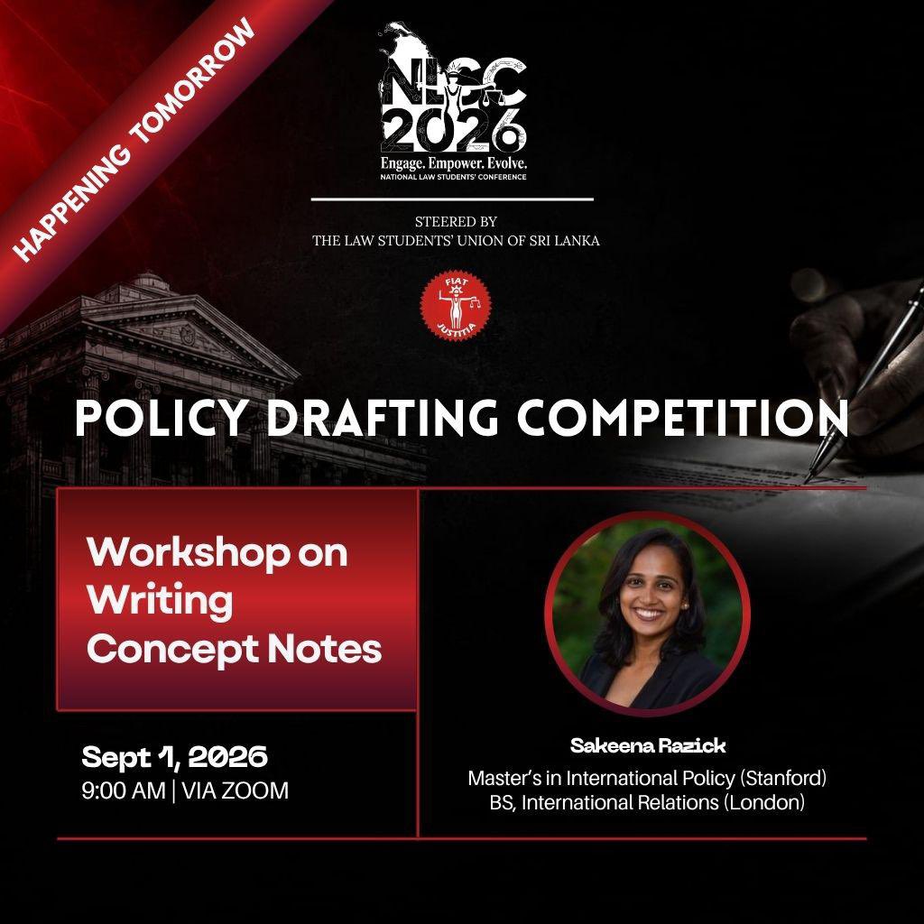 nlsc_lanka's tweet photo. HAPPENING TOMORROW!

Zoom Link: https://t.co/yE6rcMMusx

Meeting ID: 814 3310 5828
Passcode: 749729

Join us for an opportunity to strengthen your policy writing skills and gain valuable insight into developing a compelling Concept Note.

#NLSC2026 
#LSU2026 https://t.co/BTObkWUPmT