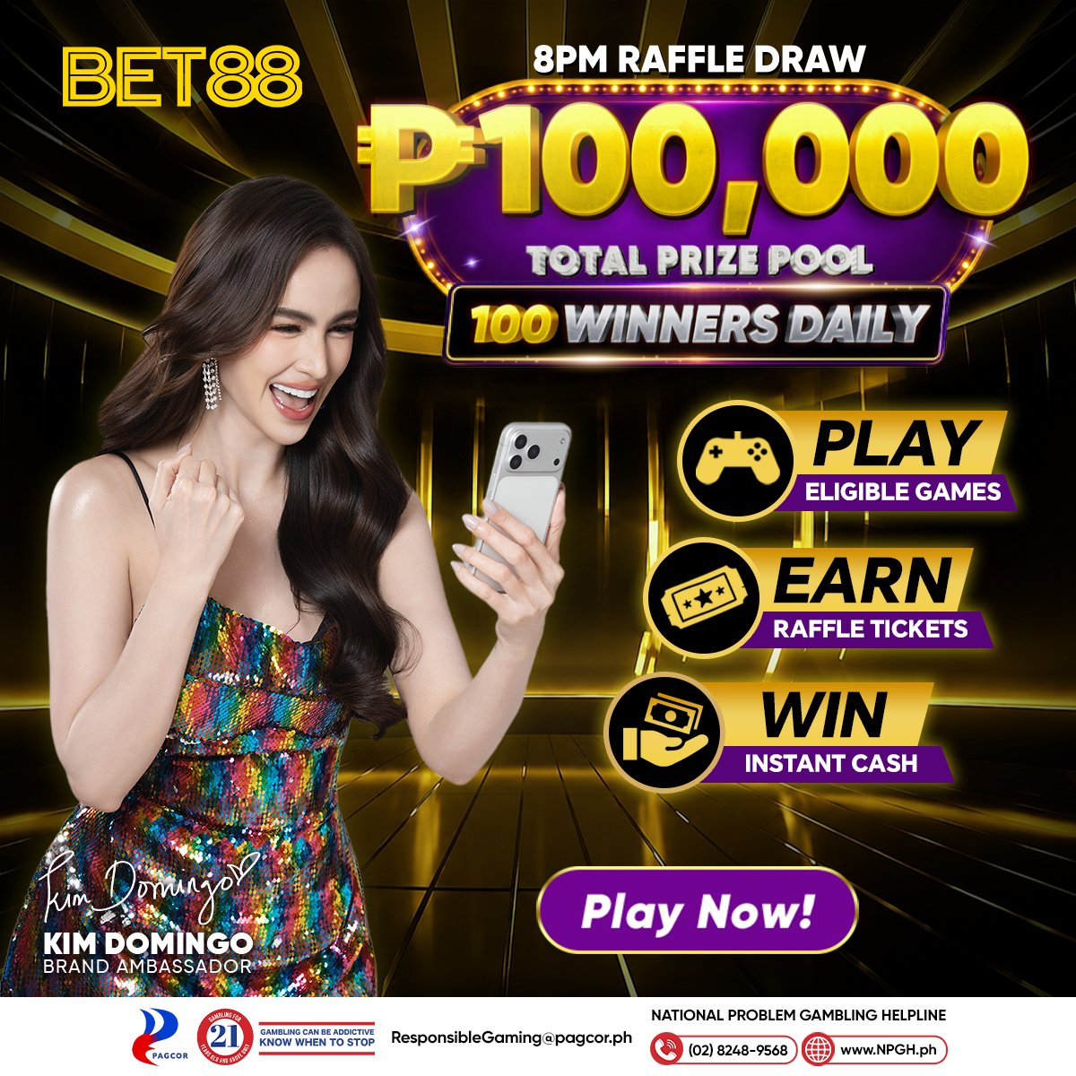 Bet88PH's tweet photo. P100,000 is up for grabs EVERY DAY at BET88's Daily Raffle! Play now, earn tickets, and win instant cash!