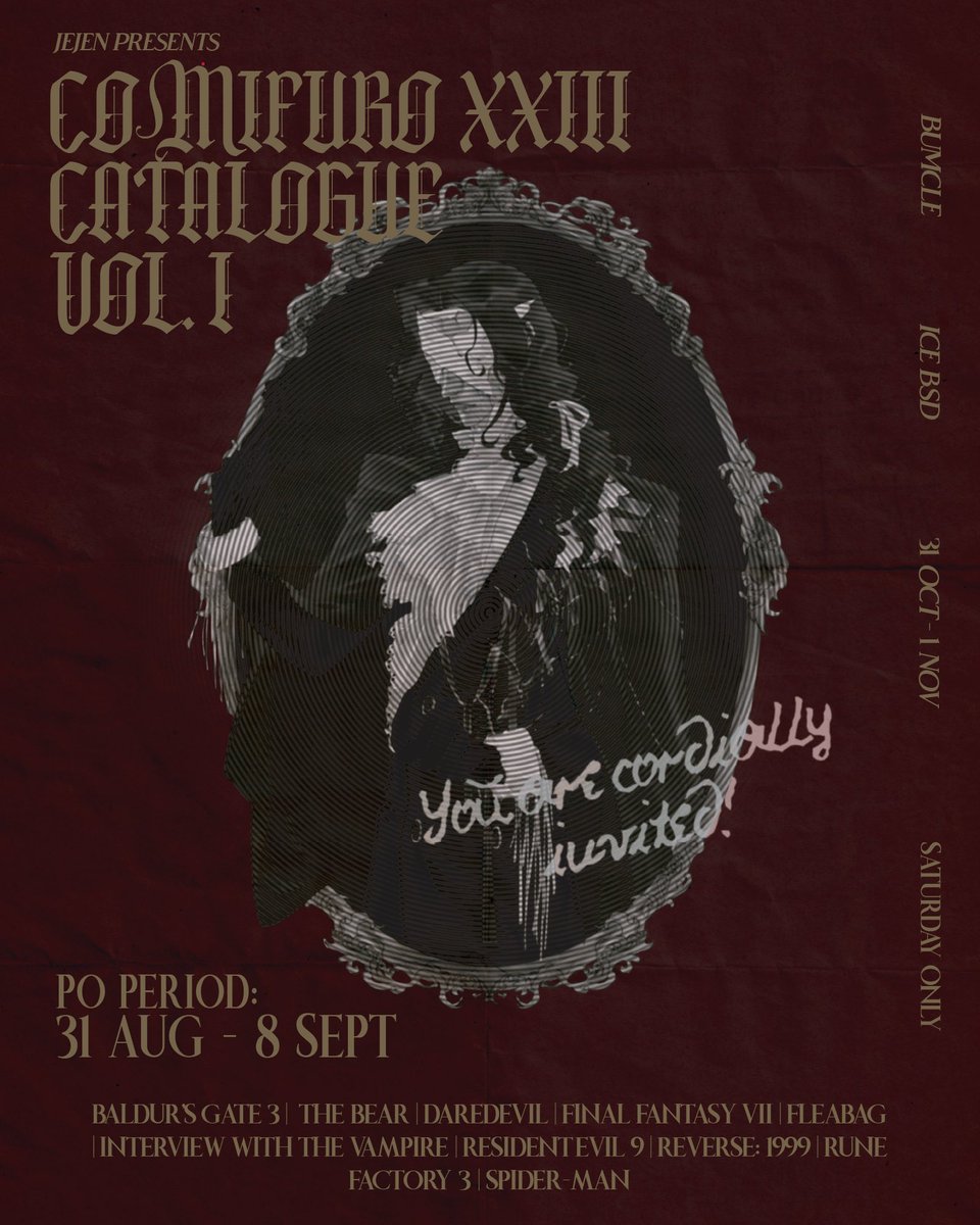 exntrc_'s tweet photo. [♡ + ↻ appreciated!]    

exntrc's #cf23 batch 1 po catalogue (ゝω・´★)
🦆 bumcle, booth no. tba
📦 pickup (day 1 only) + mail order 
📆 31 august - 8 september
☁️ bg3, the bear, daredevil, ff7, fleabag, iwtv, re9, r1999, rune factory 3, spiderman

1/5 #cf23catalogue https://t.co/29B2UgwRO3