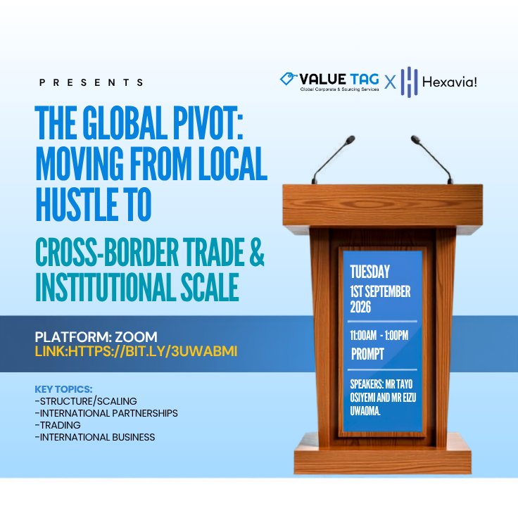 Valuetag_global's tweet photo. What if your business is ready for a bigger market but you’re still thinking locally? 🌍
 
Join Mr Tayo Osiyemi and Mr Eizu Uwaoma as they unpack what it takes to move from local to international business operations

📅 Tuesday, 1 Sept 2026
⏰: 11AM
🔗 : https://t.co/ZcK2avWRdG https://t.co/b0Kl7KXgrC