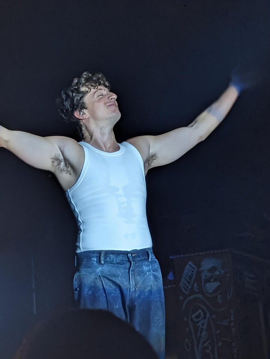 Mossmoviesjo's tweet photo. charlie puth’s 2026 visual language is just: tank top, pits, and emotional availability.

the backyard one is “i have 20 minutes before soundcheck.”
the stage one is “i have already given you everything.”
the sunglasses one is “i have given you too much and i know it.” https://t.co/8OzbDpggcL