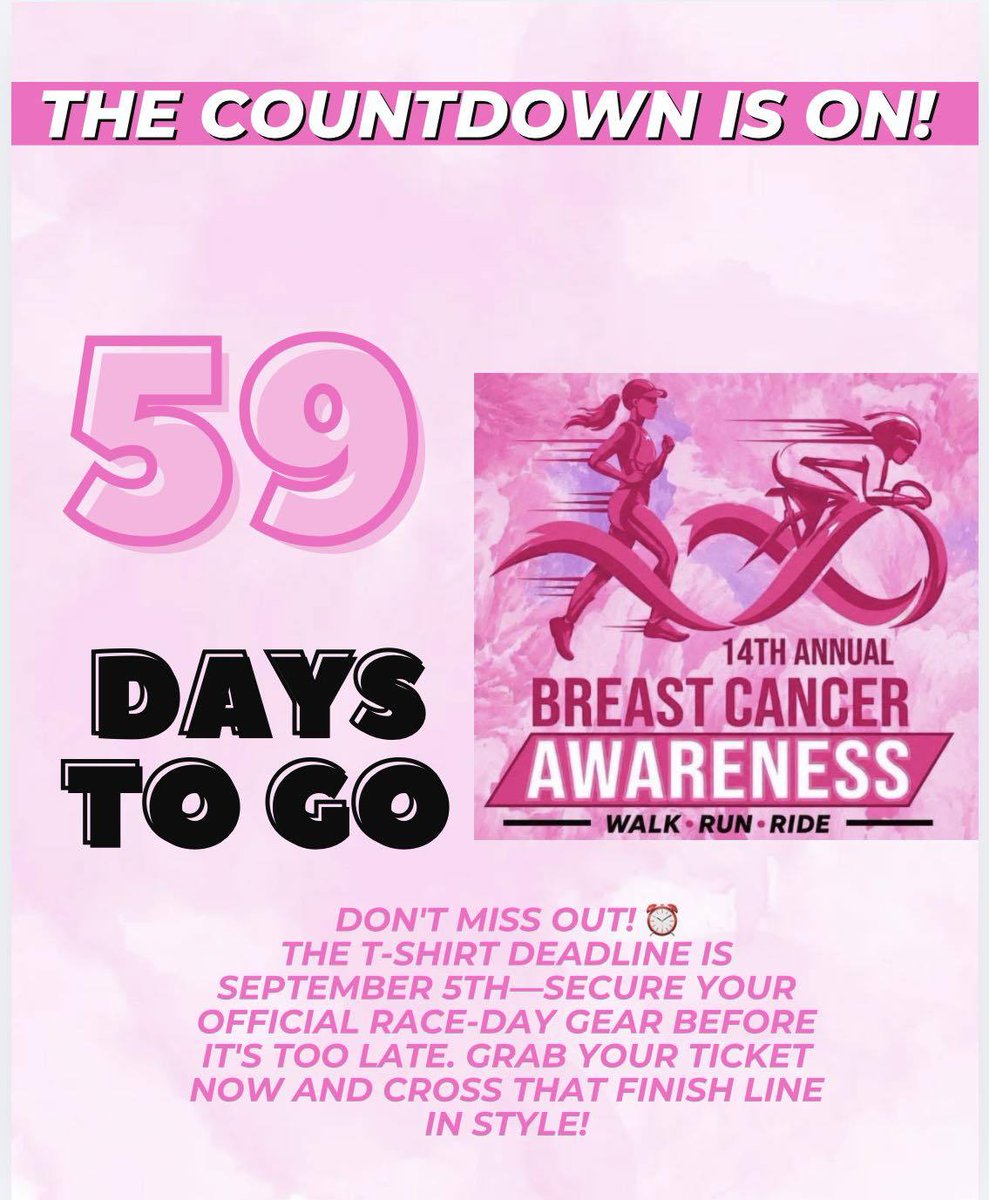 CleopatraHocl's tweet photo. The countdown is on for the 14th Annual Breast Cancer Awareness Walk•Run•Ride! We’re 59 days away. September 5 is the T-shirt deadline, so act now to secure your race-day shirt and ticket. Let’s cross the finish line together! https://t.co/GbdZPt5v9I