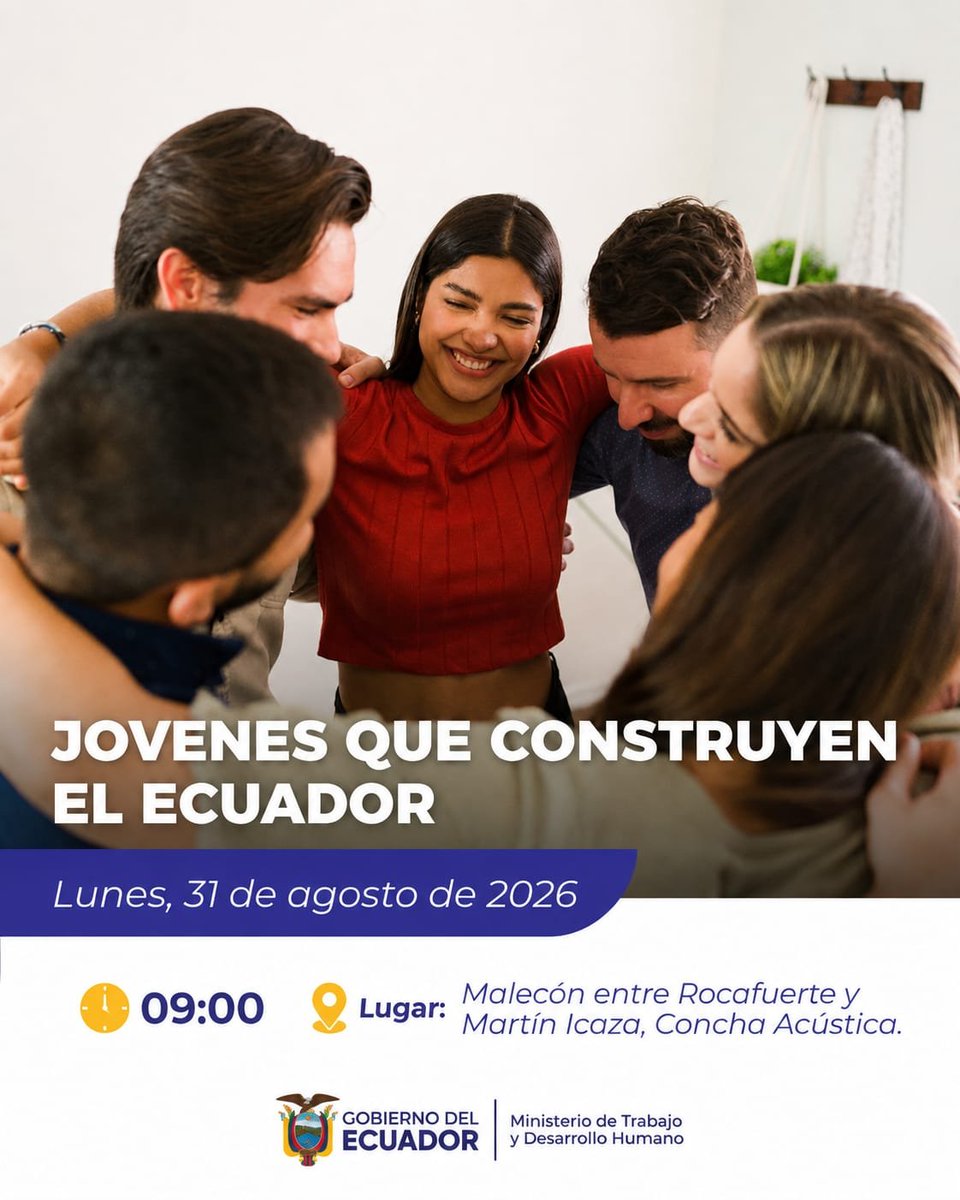 zona5MDH's tweet photo. 📍#Los Ríos  | Invitamos a la Juventud a participar en el evento, "Jóvenes que Construye el Ecuador".

Un espacio provincial de participación, integración y motivación juvenil. 🤝

🗓️ Lunes , 31 de agosto de 2026
⏰ De 09h00 a 14h00
📍 Babahoyo, Malecón entre Rocafuerte y Martín. https://t.co/v7xCGrahJu