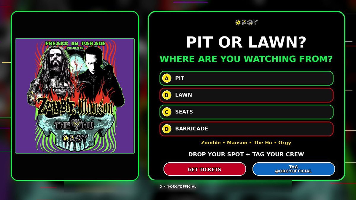 OrgyOfficial's tweet photo. PIT OR LAWN? Tag @OrgyOfficial wherever you are at!  

#OrgyOfficial #RobZombie #MarilynManson #TheHu #IndustrialRock #LiveMusic #FreaksOnParade https://t.co/9zhTwawwgt