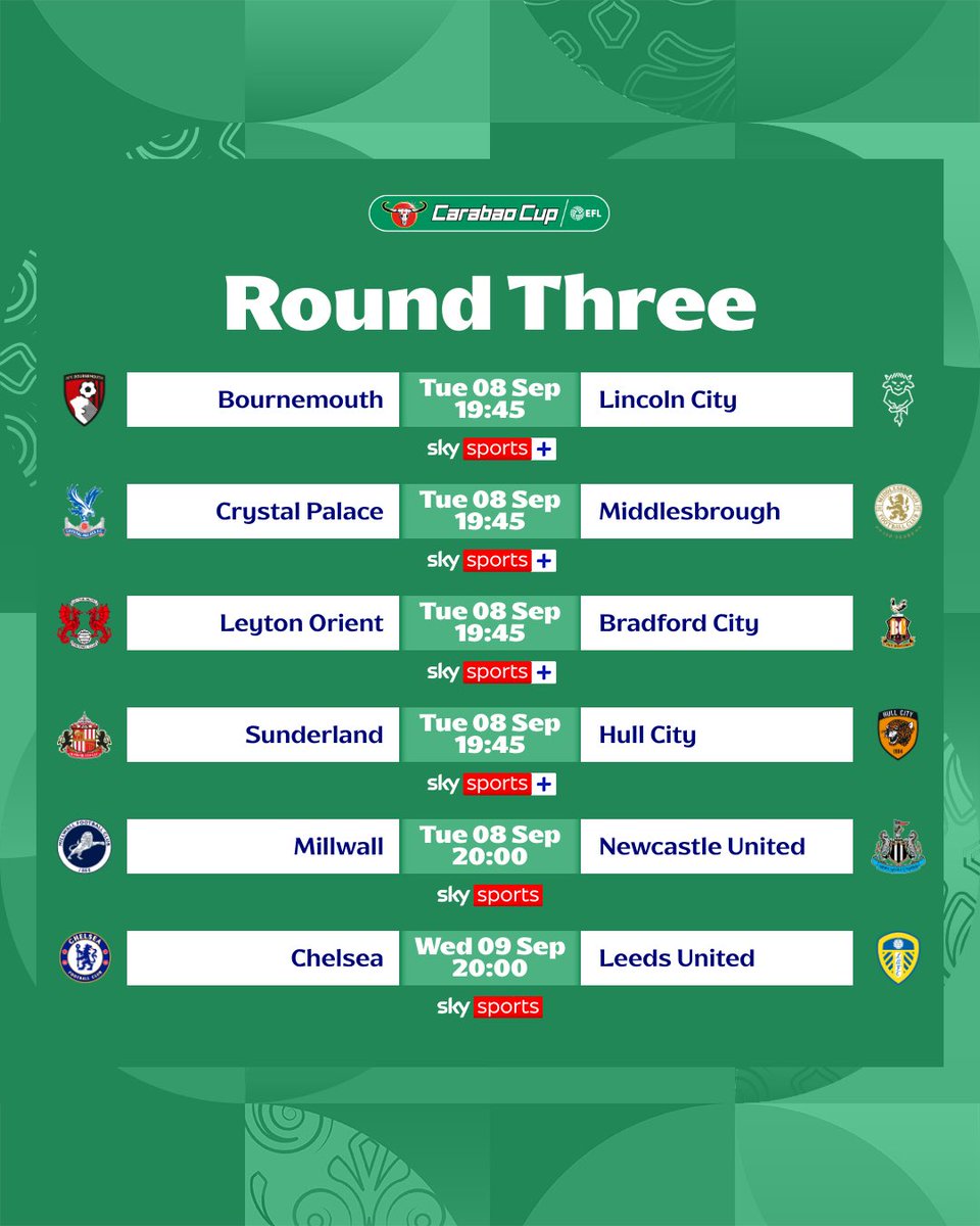 Carabao_Cup's tweet photo. Following the announcement of fixture details for the league phase of the UEFA Champions League, the EFL has been left with no option but to rearrange a number of Carabao Cup Round Three fixtures.

Find full details and reasoning here: https://t.co/a60M3itWRz

#EFL | #CarabaoCup https://t.co/hPY9tilwGF