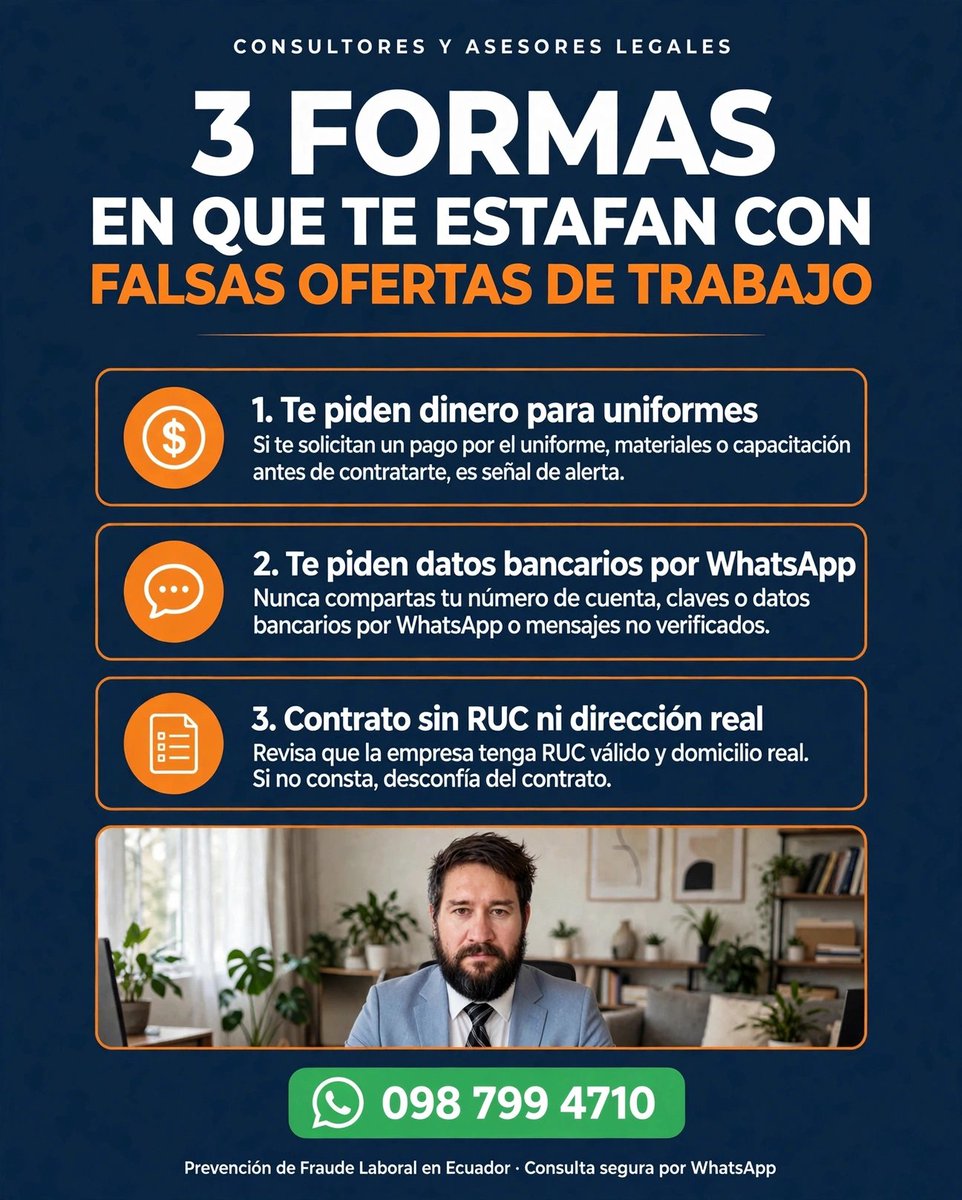 Abgmanuelortega's tweet photo. 3 estafas de trabajo que están explotando en GYE ahora mismo 🚨

1. Te cobran por el uniforme
2. Te piden datos bancarios por WhatsApp
3. Contrato sin RUC ni dirección

Ninguna empresa seria te cobra por contratarte.

Guarda esto. Le puede salvar el sueldo a alguien.

#Guayaquil https://t.co/9tgv2ZXhvk