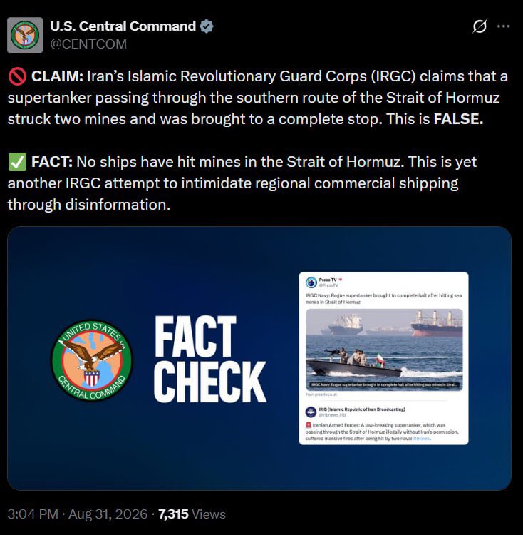 MajorBambaaj's tweet photo. US-IRAN WAR 🚨

U.S. Central Command (CENTCOM):

No ships have hit mines in the Strait of Hormuz. This is yet another IRGC attempt to intimidate regional commercial shipping through disinformation. https://t.co/mP4bKjzLoe