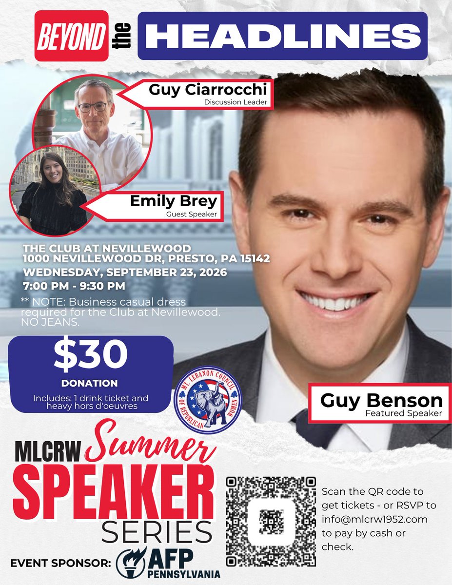 mlcrw1952's tweet photo. .@FoxNews political analyst @guypbenson headlines our Summer Speaker Series at The Club at Nevillewood. Discussion leader @PhilaFreedomGuy. Guest speaker @EmilyBrey of @AFPPennsylvania on opportunity, growth, and liberty.

Wed, Sept 23 | 7:00–9:30 PM $30 | drink ticket + hors d’oeuvres 

Business casual — NO JEANS

Tickets: https://t.co/Eq7cY3NJpU

#MLCRW #SummerSpeakerSeries #PAPolitics