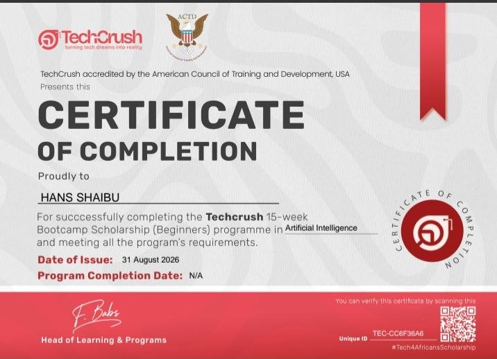 HansShaibu's tweet photo. 🥳 DONE AND DUSTED!

I’ve officially completed the 15-week TechCrush AI Bootcamp Scholarship 🎓🔥

My 2nd certification of 2026.

15 weeks of learning, building, struggling, and showing up.

One milestone down. Much more work ahead. 🚀

#AI #TechCrush #MachineLearning https://t.co/OXluOKGvxG