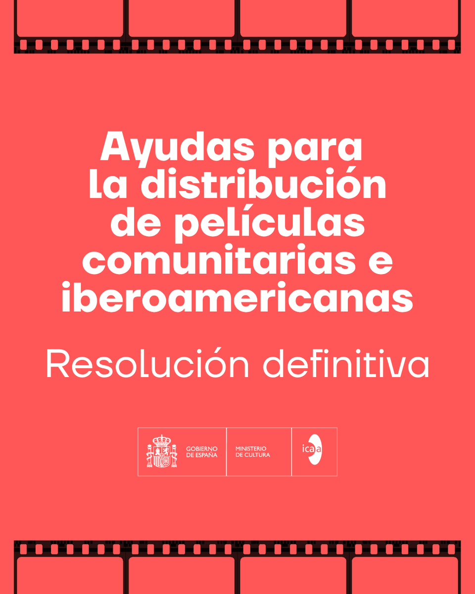 CineICAA's tweet photo. 📢 Ya está publicada la resolución definitiva de las Ayudas para la distribución de películas de largometraje y conjuntos de cortometrajes, españoles, comunitarios e iberoamericanos.

Consulta las películas y proyectos beneficiarios en nuestra web: https://t.co/qMIYkH6PIZ https://t.co/cHyNmUXRSg