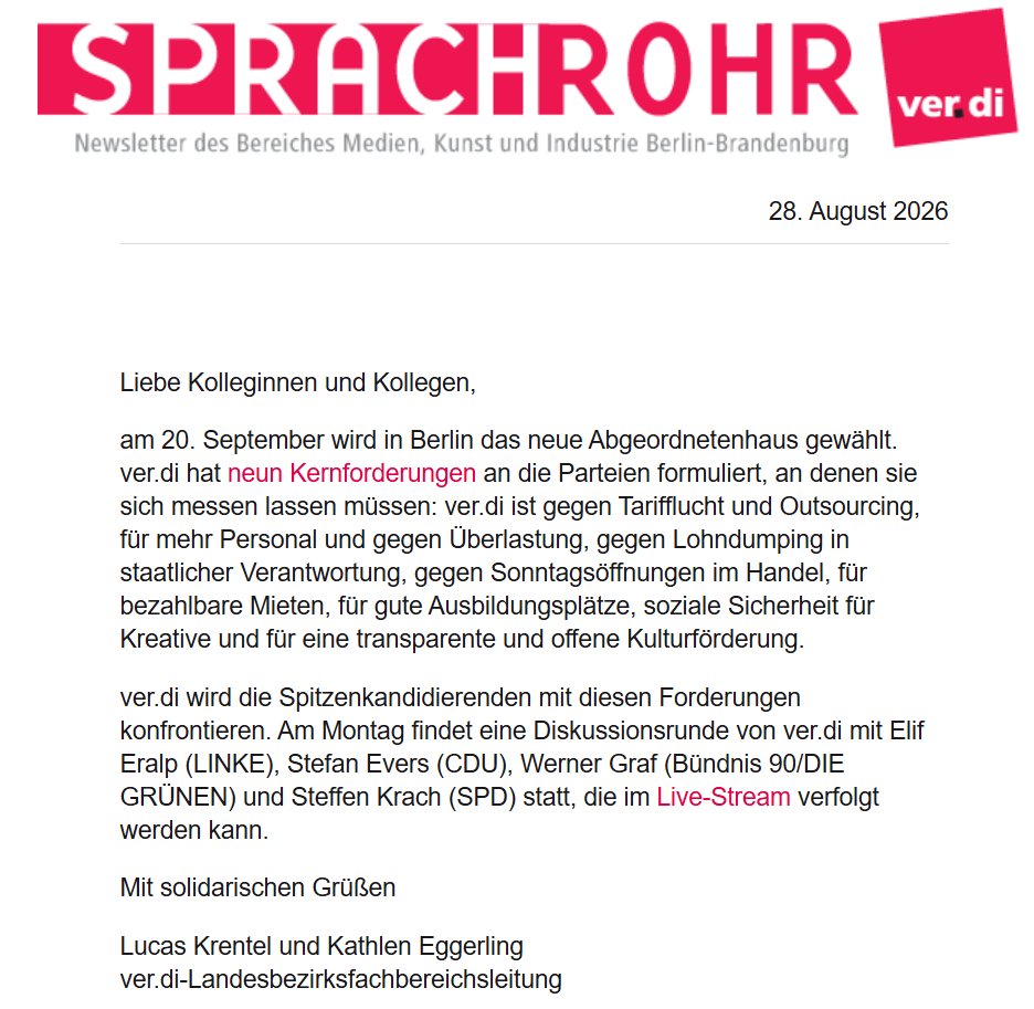FWarweg's tweet photo. An ihren Taten sollt ihr sie erkennen...

Aktueller Newsletter der Deutschen Journalisten Union in Berlin verschweigt den mit großer Mehrheit angenommenen Antrag zur Aufhebung der Sanktionen gegen @hussedogru & @djuverdi-Bundesvorstand weist den Antrag und die darin enthaltene Aufforderung öffentlich zurück.

Hintergrund:
Die Deutsche Journalisten Union Berlin (@djuverdi) hat ihren neuen Newsletter verschickt (siehe Screenshot anbei). Mit keiner Silbe wird der durchaus bahnbrechende Entscheid der Mitgliederversammlung vom 15. August erwähnt, welche mit großer Mehrheit einen Antrag beschlossen hatte, die dju- und Verdi-Bundesspitze auffordert, sich für die Aufhebung der EU-Sanktionen gegen den 🇩🇪 Journalisten Hüseyin Dogru einzusetzen. Damit wurde erstmals (!) von einer gewerkschaftlichen Gliederung Solidarität mit Dogru bekundet...

Ein Verdi-Sprecher erklärte nun auf aktuelle Presseanfragen, (u.a. Multipolar), der dju-Bundesvorstand nehme den Beschluss der Landesfachgruppe „zur Kenntnis“, weise jedoch die Aufforderung zurück, „im Fall Dogru anders zu agieren als bisher“. Die EU-Sanktionen müssten „rechtsstaatlich überprüfbar sein“, schließlich sei die EU ein Bündnis demokratischer Rechtsstaaten. „Aber die EU ist auch ein Bündnis wehrhafter Demokratien“, sagte der Sprecher.

Die Einordnung der Sanktionen gegen Dogru „als Pressefreiheitsfall“ sowie die daraus abgeleiteten Forderungen aus der dju-Landesfachgruppe „teilen wir ausdrücklich nicht“, heißt es weiter. Es sei nach wie vor offen, „wie die anfangs im russischen Staatsmedien-Netzwerk platzierte Plattform des Betroffenen zuletzt finanziert wurde und ob es sich hier um unabhängigen Journalismus handelt. Nur dieser wird durch die Pressefreiheit geschützt.“ In Abstimmung mit dem ver.di-Bundesvorstand sehe man deshalb „keine Veranlassung“, die Haltung in dieser Sache zu ändern...