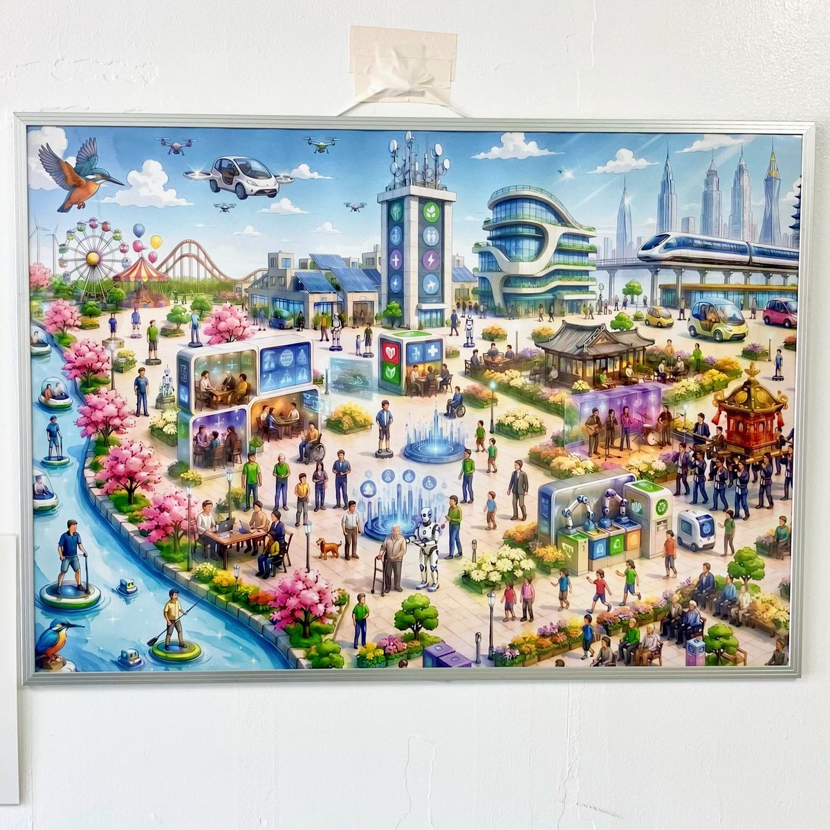 bansho_teruhito's tweet photo. 枚方市役所の通用口に、「未来キャンパス」のイラストが掲示されています！🖼️
これは次期総合計画の策定に向け、市民や事業者の皆さまとのワークショップで議論した「未来の枚方」の姿を、生成AIを活用して1枚の絵に視覚化したものとのことです。

たくさんのアイデアが詰まった、ワクワクする未来の枚方が描かれています✨
市役所にお立ち寄りの際は、ぜひご注目ください！
#枚方市 #未来キャンパス #次期総合計画 #まちづくり #生成AI #枚方市役所 #ばんしょう映仁 #ひらかた万笑