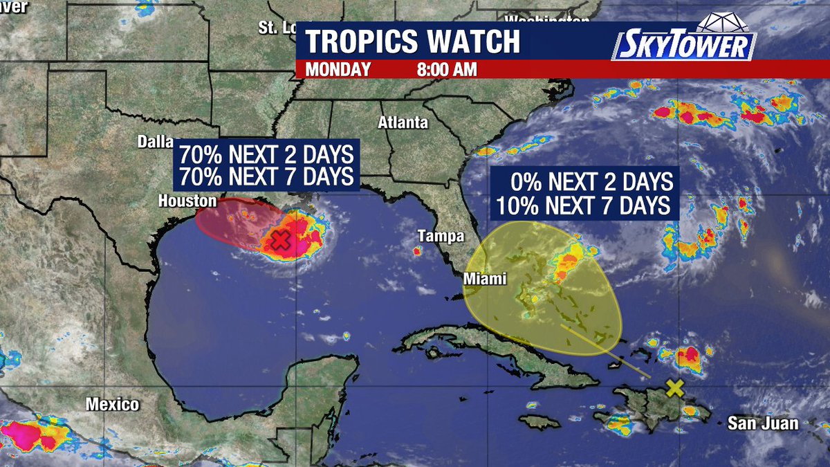 PaulFox13's tweet photo. Tropical Storm Watches and/or warnings will likely be issued for the southwestern Louisiana and Upper Texas coasts later today for the small area of low pressure in the northwestern Gulf.
Meanwhile, the remnants of Tropical Storm Dolly are producing showers and thunderstorms from Hispaniola eastward to the northern Leeward Islands. This system continues to encounter unfavorable upper level winds as it moves quickly to the west northwest at 20-25 mph. Not expecting significant local impacts from this system except for enhanced rainfall as the moisture heads our way later this week. #Skytower