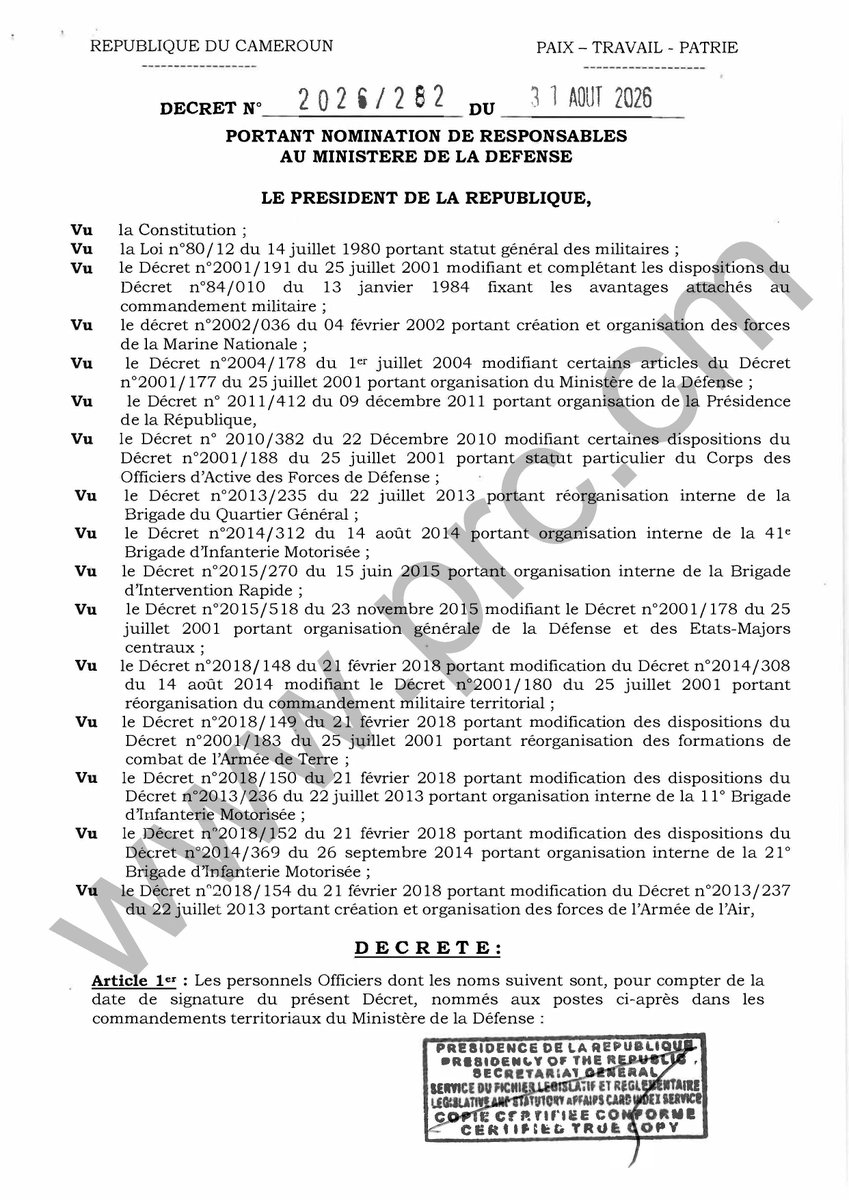 PR_Paul_BIYA's tweet photo. Décret N°2026/282 du 31 août 2026 portant nomination de responsables au Ministère de la Défense.

#PaulBiya
#Cameroun
1/2 https://t.co/k8yyMz52fK