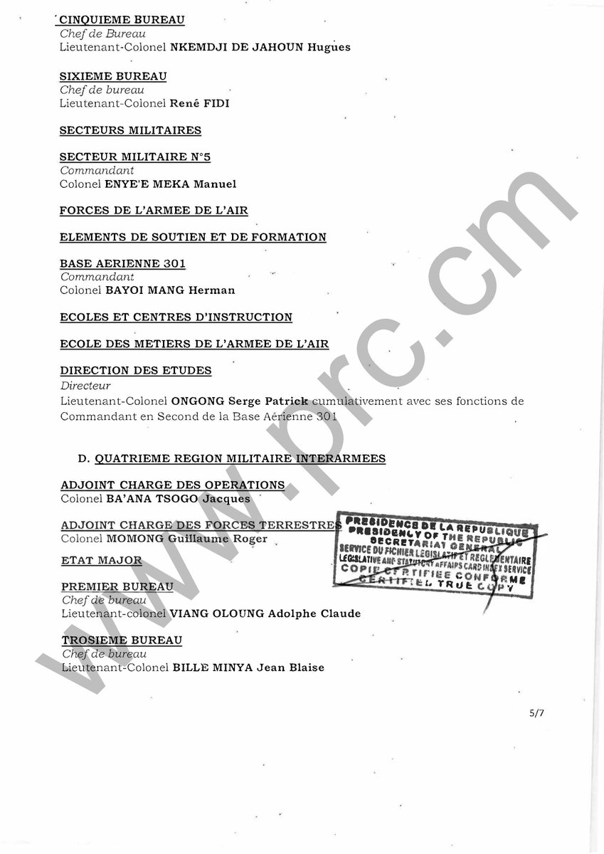 PR_Paul_BIYA's tweet photo. Décret N°2026/282 du 31 août 2026 portant nomination de responsables au Ministère de la Défense.

#PaulBiya
#Cameroun
2/2 https://t.co/WRW2z41YBl