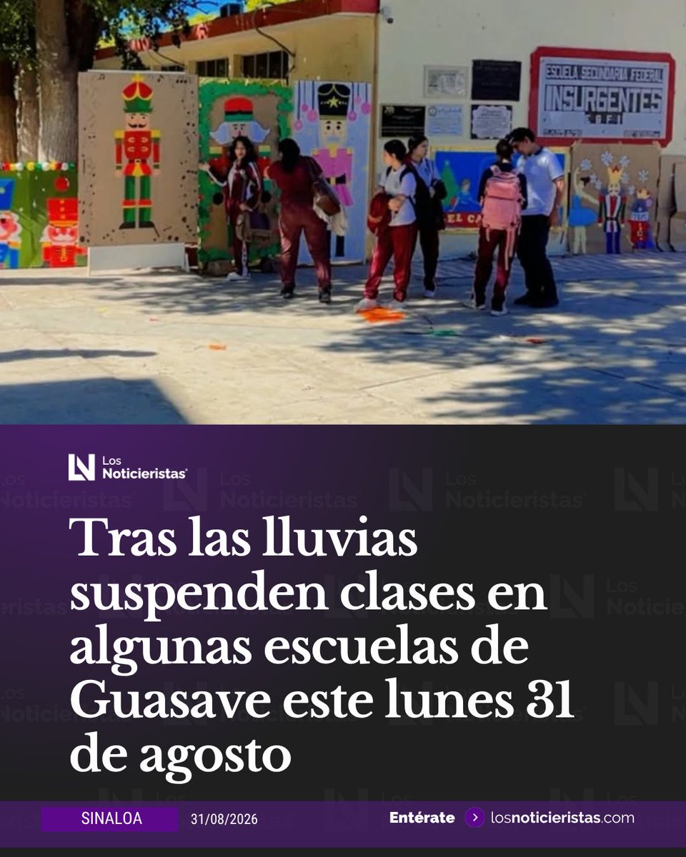 noticieristas's tweet photo. ▶️ Tras las lluvias suspenden clases en algunas escuelas de #Guasave este lunes 31 de agosto

#Guasave 🎒| Aún sin aviso oficial de suspensión de clases por parte de la #SEPyC, pero debido a las condiciones de sus planteles tras las torrenciales lluvias del domingo, en escuelas como la ESGI y Cobaes 10, optaron por suspender clases en el arranque del ciclo escolar 2026-2027