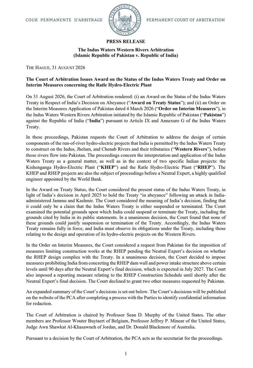 TalatHussain12's tweet photo. BREAKING: In a unanimous decision, the Permanent Court of Arbitration ruled that NONE of the grounds cited by India could justify suspending or terminating the Indus Waters Treaty. https://t.co/K9WT2xUtHX