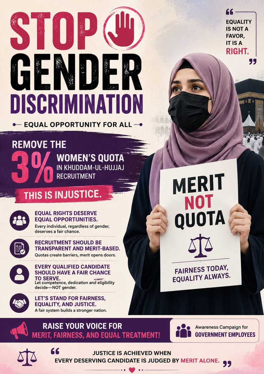 FatimaPak90's tweet photo. Kindly review your policy. No More Gender Discrimination.  Give our equal rights
#EqualRightsForAll
#WomenDeserveEqualOpportunity
#KhuddamUlHujjaj2027 
@NaeemaKishwr @shaguftajumani @ijazulhaq @MORAisbOfficial @CMShehbaz https://t.co/CRzPHWLmQX