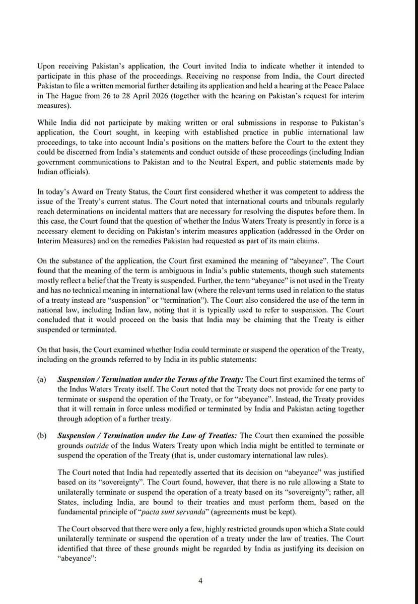 TalatHussain12's tweet photo. BREAKING: In a unanimous decision, the Permanent Court of Arbitration ruled that NONE of the grounds cited by India could justify suspending or terminating the Indus Waters Treaty. https://t.co/K9WT2xUtHX
