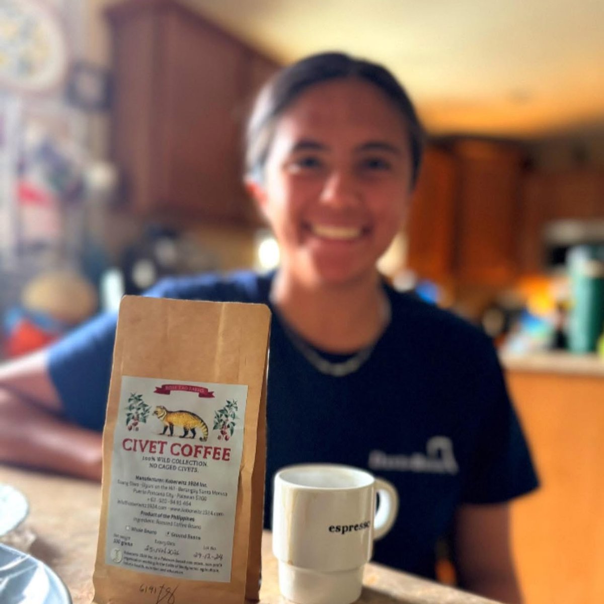 MichaAurelia's tweet photo. Kiana clearly appreciates the civet coffee I bought for her in Palawan, Philippines. Known as Kopi Luwak, it’s considered the world’s most expensive coffee, made from beans collected after Asian palm civets digest the cherries. https://t.co/vDOGiuDFLr
