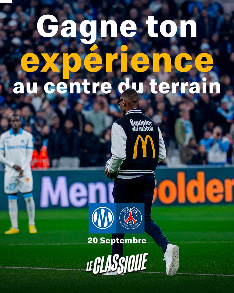 McDonaldsFrance's tweet photo. [JEU] #OMPSG

Et si c'était toi qui amenais le ballon au centre du terrain  lors du Classique ce 20/09 ?

Pour tenter de vivre cette expérience unique lors du prochain @OM_Officiel vs @PSG_inside :
Abonne-toi au compte @McDonaldsFrance 
RT ce tweet avant le 04/09. https://t.co/v2e7vLD957