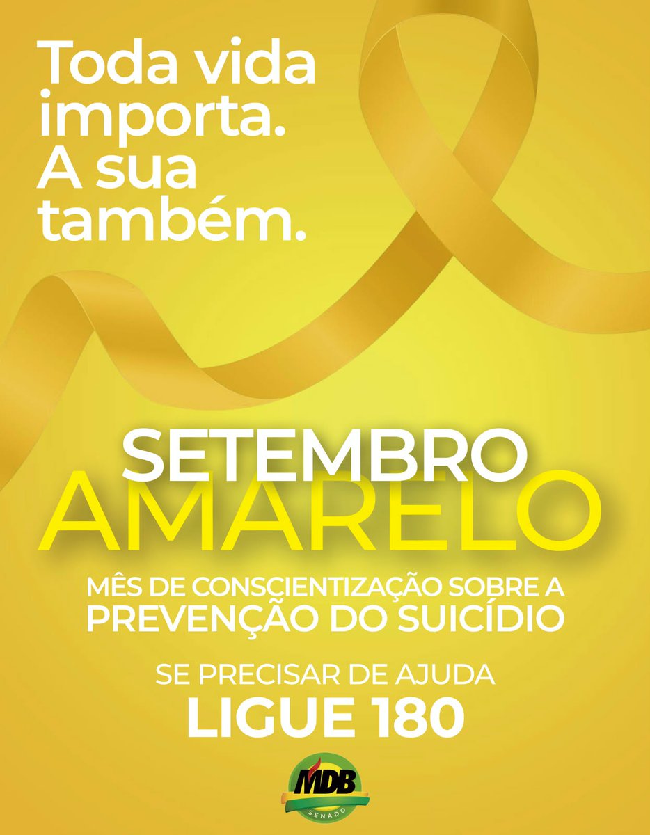 mdbnosenado's tweet photo. Setembro Amarelo reforça a importância de cuidar de si e de quem está ao nosso redor. Em momentos difíceis, conversar e buscar apoio podem abrir novos caminhos 💛
O CVV atende gratuitamente pelo 188, 24 horas por dia.
#MDB #MDBnoSenado #SetembroAmarelo https://t.co/6YSusc4b7b
