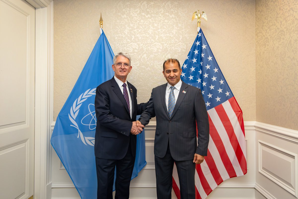 UAEEmbassyUS's tweet photo. On the sidelines of the @iaeaorg ATLAS Forum in Washington, @FANRUAE Director-General HE Hamad Al Kaabi and UAE Embassy diplomats met with US government, third-party and private sector leaders to explore UAE-US collaboration on advanced nuclear regulation and deployment. https://t.co/ET6dg21NWW