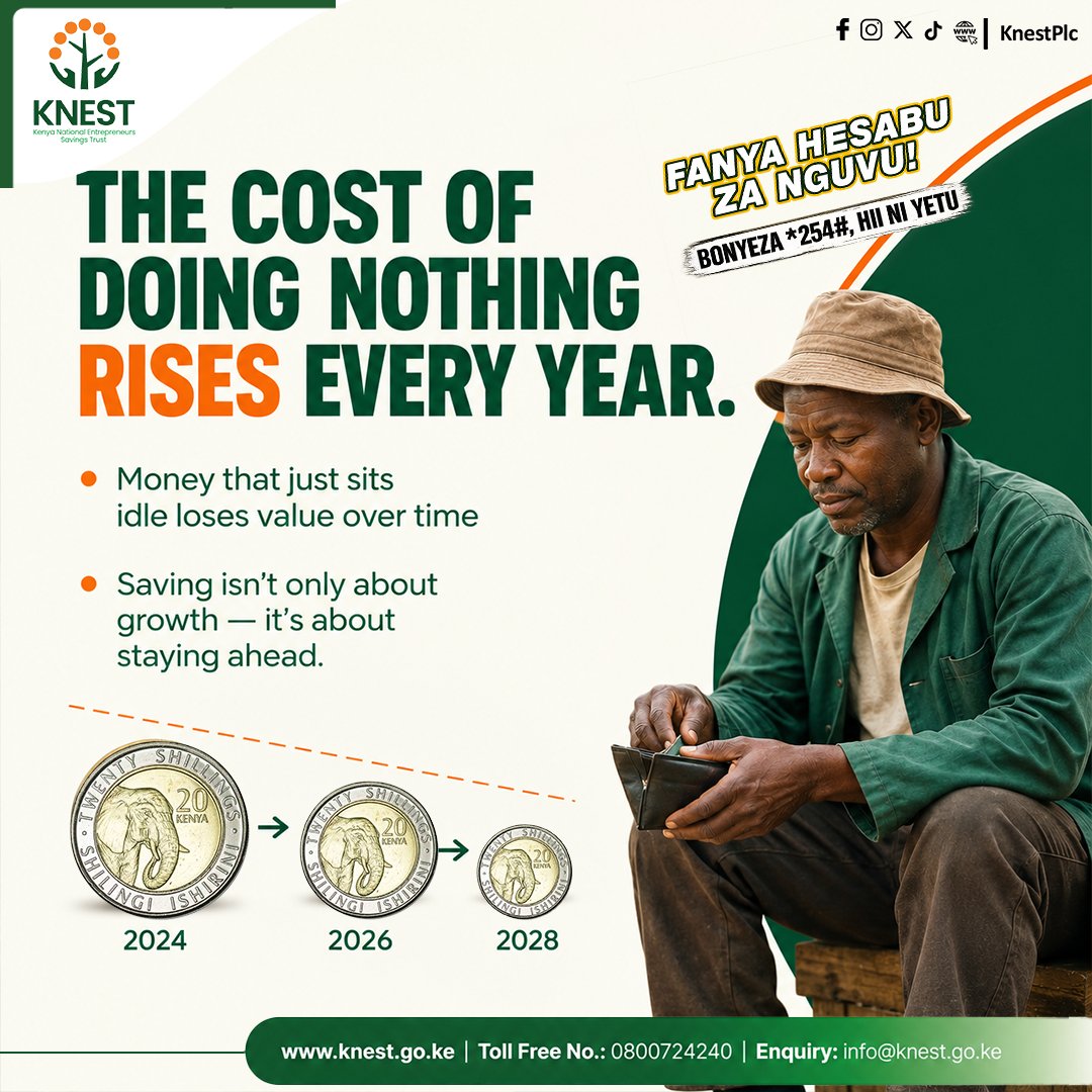 KnestPlc's tweet photo. 𝐓𝐡𝐚𝐭 𝐊𝐬𝐡 𝟏,𝟎𝟎𝟎 𝐬𝐢𝐭𝐭𝐢𝐧𝐠 𝐢𝐝𝐥𝐞 𝐭𝐨𝐝𝐚𝐲 𝐰𝐨𝐧'𝐭 𝐛𝐮𝐲 𝐭𝐡𝐞 𝐬𝐚𝐦𝐞 𝐭𝐡𝐢𝐧𝐠 𝐢𝐧 𝐟𝐢𝐯𝐞 𝐲𝐞𝐚𝐫𝐬.

Give your money a plan, not just a place to sit. Dial *254# and start today.

#Hiiniyetu #Fanyahesabuzanguvu https://t.co/fFVUkIDnYV