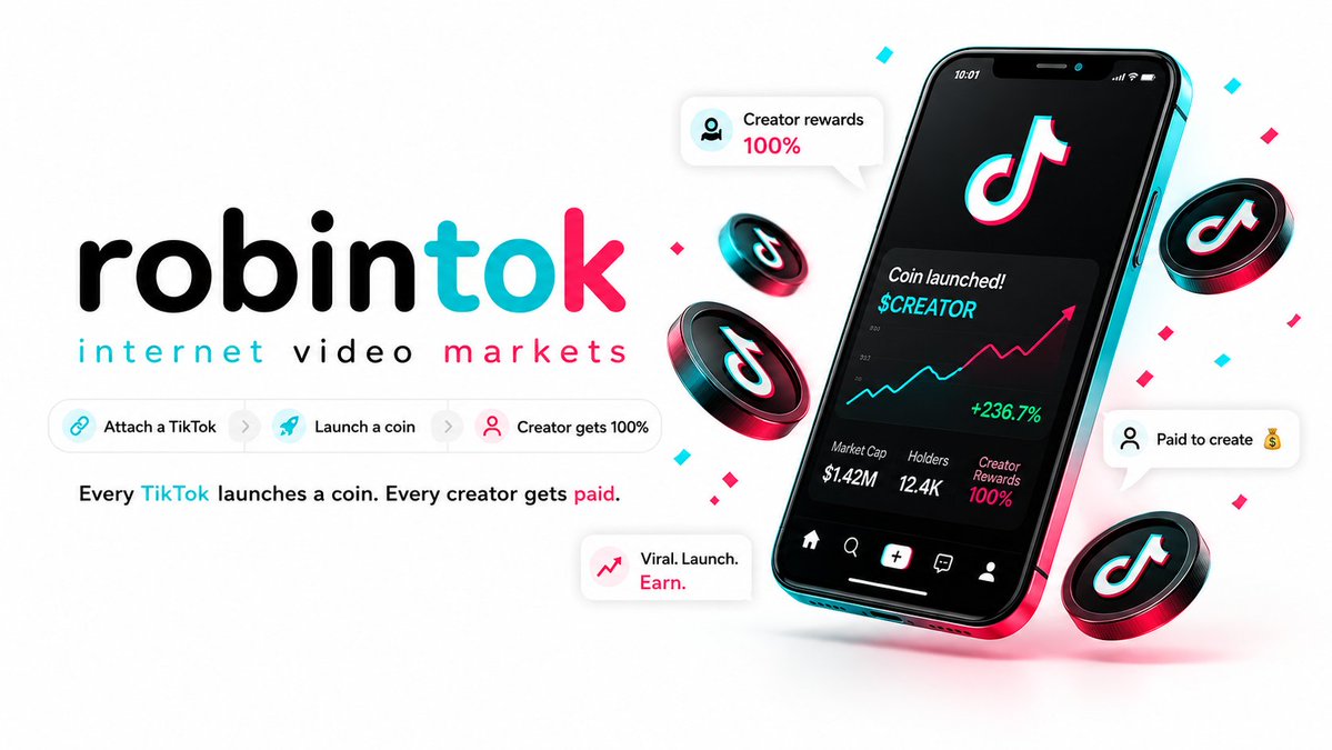 RobinTokLaunch's tweet photo. https://t.co/QOrRa5xggx is internet video markets — a launchpad built on top of Pons — the launch protocol on Robinhood Chain — where every coin is based on one specific video from TikTok. Coins launch through the real pons bonding curve, but every robintok coin ships with one guarantee: 100% of its creator rewards are reserved for the creator of the attached video.

Nothing to set up beforehand — rewards accrue automatically and wait until the creator verifies their account.