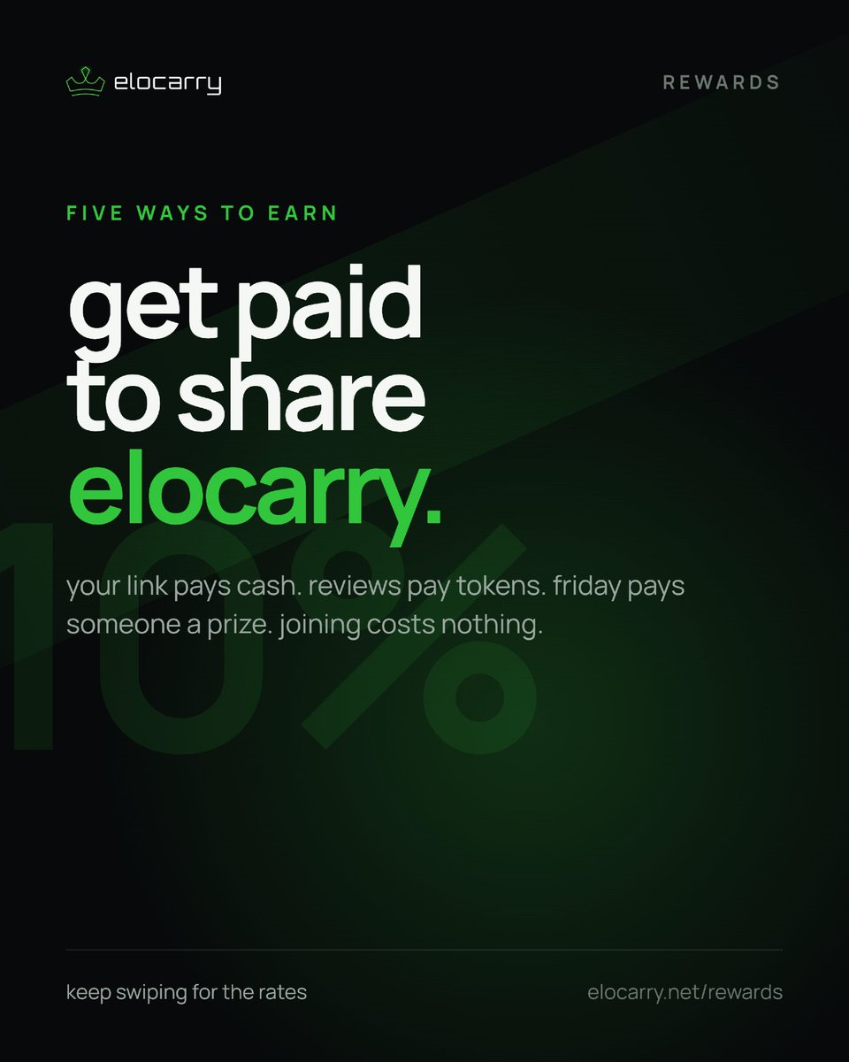 Elocarrynet's tweet photo. Get paid to share Elocarry. 💸

Earn 10% on every first order you refer, then 5% on every payment after, including renewals.

You can also earn tokens from reviews, stack extra entries for the Friday Drop, and get rewarded for creating content.

Free to join. No complicated setup.

Grab your link, share it anywhere, and start earning.