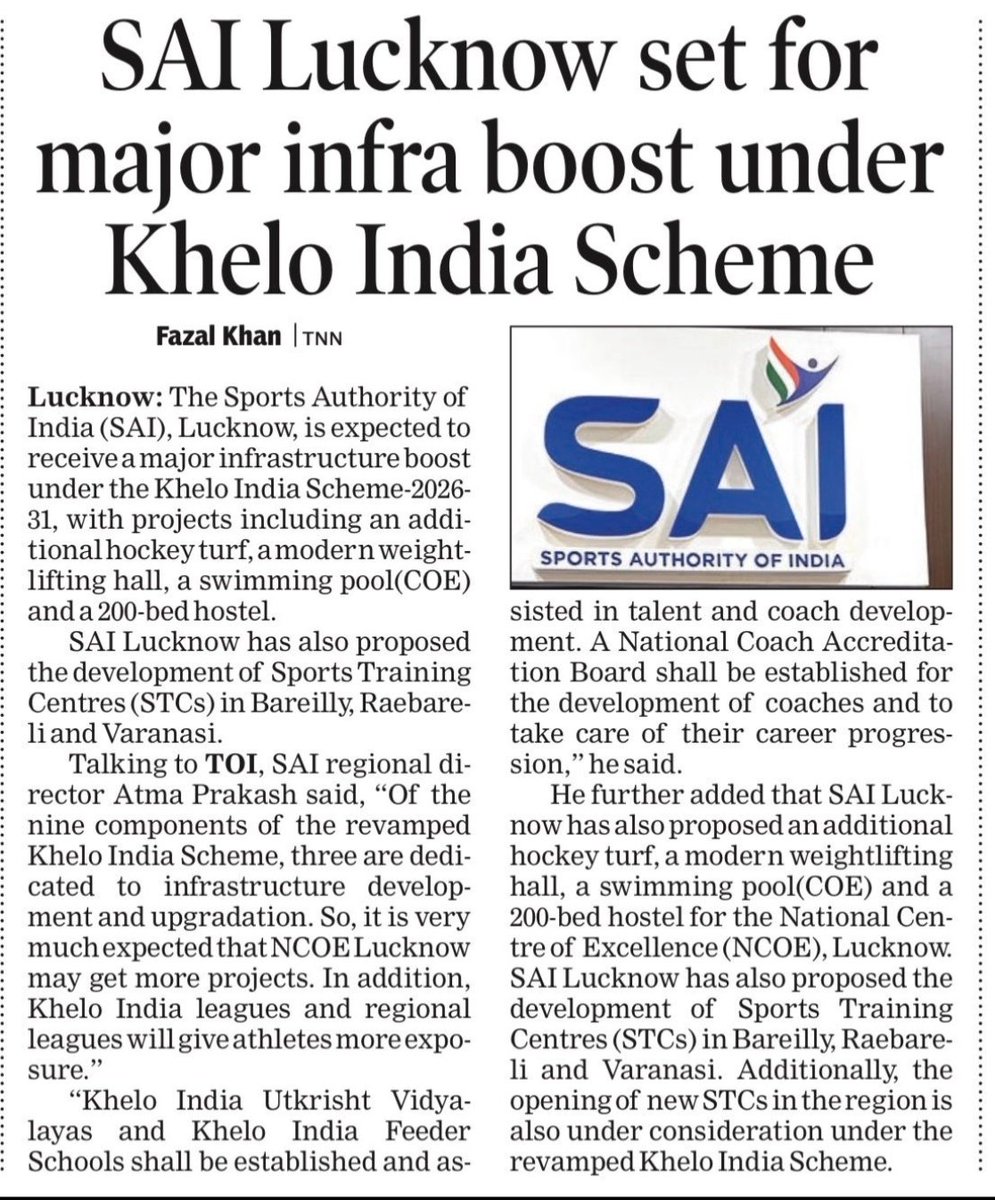 lucknow_index's tweet photo. SAI Lucknow Center will have major infra boost under Khelo India Initiative 🔥

To have -

1- Additional Hockey Turf
2- Modern Weight Lifting Hall
3- Olympics Standard Swimming pool 
4- 200 beds hostel https://t.co/UpwDwAp11J
