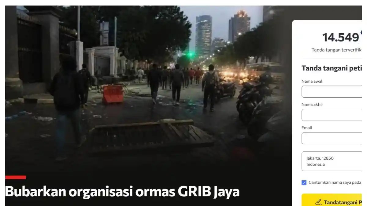 LambeSahamjja's tweet photo. petisi minta grib jaya dibubarkan muncul di changeorg :
- udah ditandatangani 14 ribu orang:
 - alasannya grib jaya dianggap bikin kericuhan usai demo dpr 
- bukannya jaga ketertiban malah nyerang orang
- penulis petisi nuduh grib jaya jadi penyebab tew4snya bambang setiawan yang dikeroyok
- pembuat petisi mendesak pemerintah dan polisi buat bubarin ormas pimpinan hercules ini