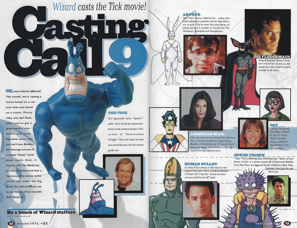 WizardsComics's tweet photo. It's MOVIE MONDAY again, so let's look at the Wizard magazine Casting Call for a live action #thetick movie pitched a few years before the short-lived Patrick Warburton FOX TV series. https://t.co/sjqqH4Mk8b