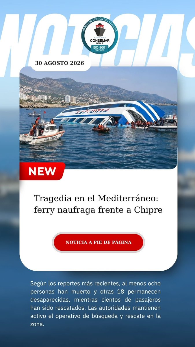 consemargroup1's tweet photo. Un ferry con 267 personas a bordo naufragó frente a la costa norte de Chipre, dejando al menos 8 fallecidos y 18 personas desaparecidas. Más de 200 pasajeros han sido rescatados mientras continúan las labores de búsqueda y rescate. 

#ConsemarGroup #NoticiasMarítimas #MaritimeNew https://t.co/lnpGa7eurD