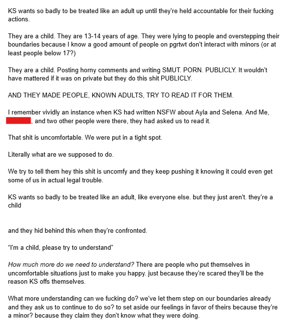 nephyxutune's tweet photo. At 13, KS was pretending to be 16 online, posting nsfw PGR drawings and fanfiction on her public Twitter &amp; AO3 account, as well as sharing said content w/ adult mutuals. After being told to stop and that it was dangerous for her, she agreed, but continued to post anyways. https://t.co/yb0oFGaXiu