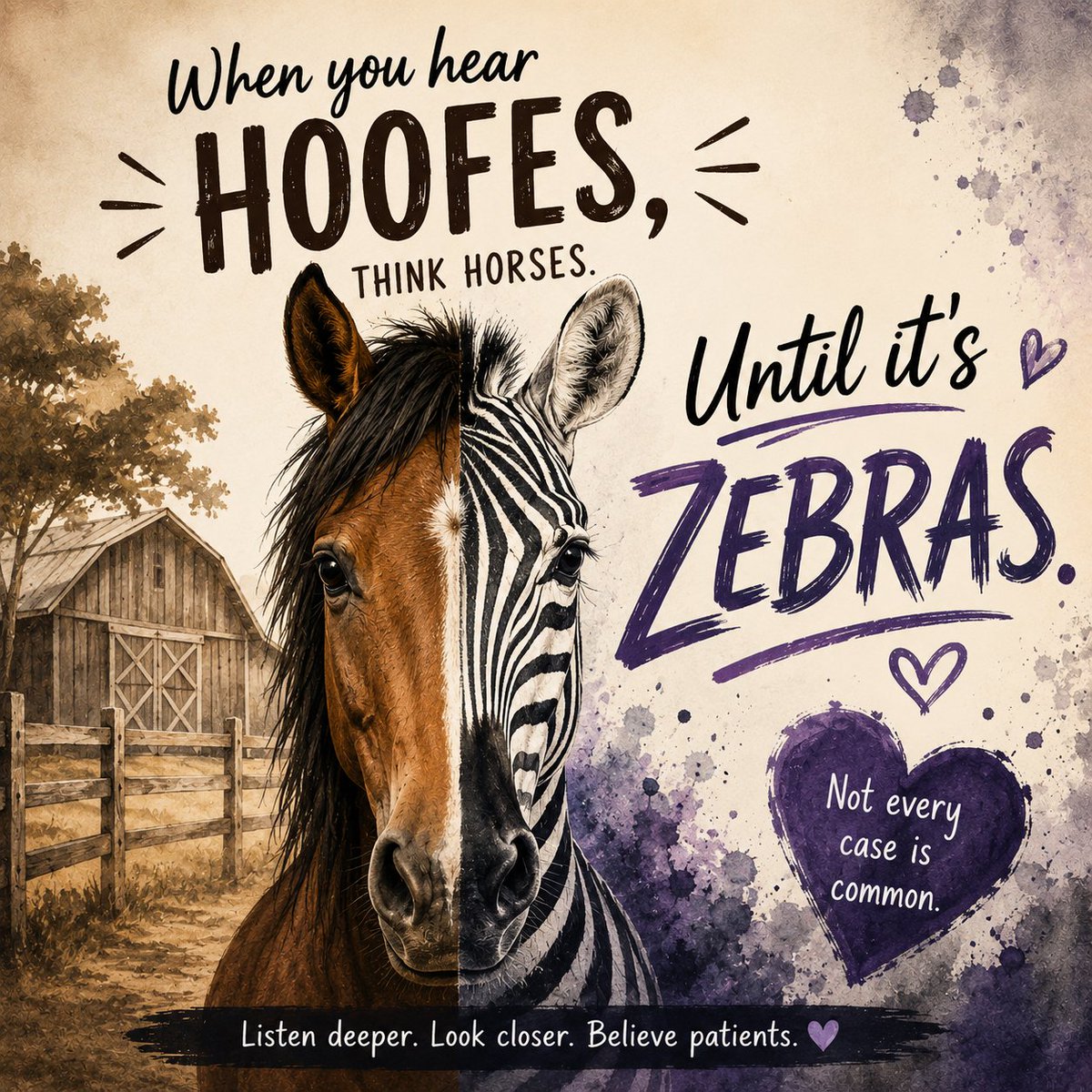 EmilyAmber43903's tweet photo. 🌞 Good morning, everyone! 💜

Today is a big day for me — I’m heading out for a new rheumatologist appointment. 🩺 Hopefully this is one step closer to getting some answers!

Doctors have a saying: “When you hear hoofbeats, think horses, not zebras.” 🐴

But those of us living with chronic illness have learned something important…

Sometimes, it really IS a zebra. 🦓

When doctors only look for the most common explanation, patients can end up with wrong diagnoses, missed diagnoses, and years of waiting for answers.

So today, I’m taking my little zebra with me and hoping this doctor is willing to look a little deeper, listen a little closer, and consider the possibilities. 💜

Wish me some good doctor luck! 🤞🦓
I’m hoping this appointment brings me one step closer to answers.

#ChronicIllness #InvisibleIllness #ZebraStrong #ThinkZebras #RareDisease #MedicalMisdiagnosis #DelayedDiagnosis #DiagnosticOdyssey #PatientAdvocacy #BelievePatients #ListenToPatients #ChronicIllnessAwareness #SpoonieLife #RareIsReal #GoodDoctorLuck