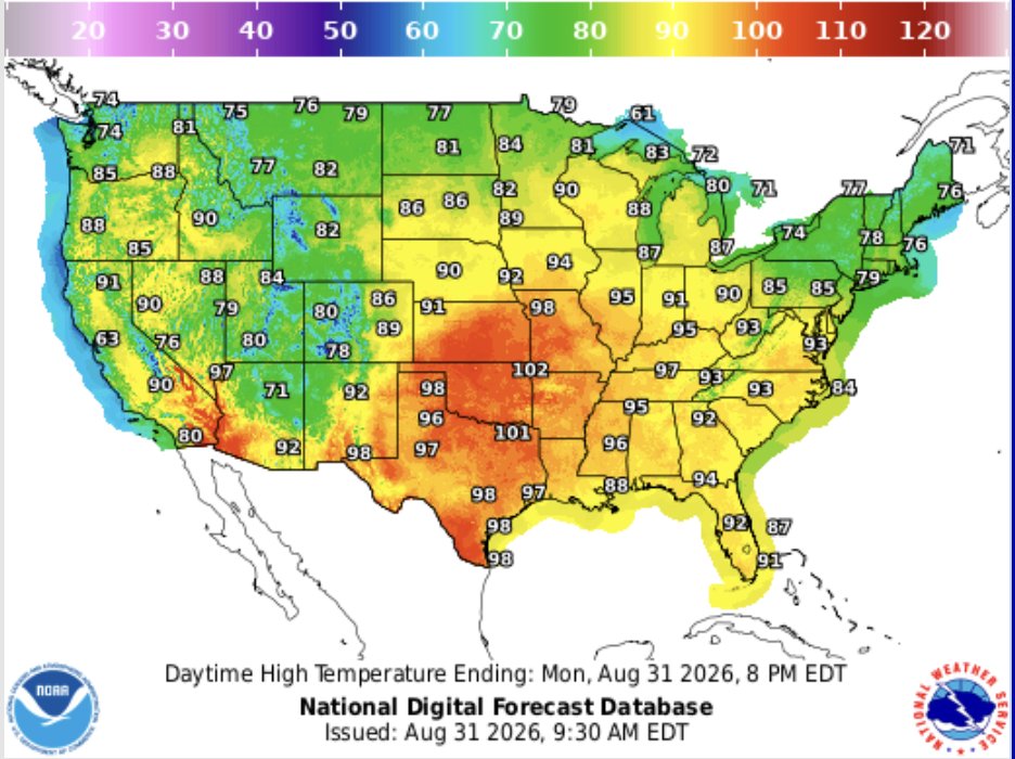 FarmPolicy's tweet photo. 1/ Ag weather highlights from the @usda_oce, Aug. 31:
In the #CornBelt, scattered #rain precedes a surge of increasingly hot weather. This afternoon, high #temperatures should range from 95 to 100°F as far north as the middle Mississippi Valley.
https://t.co/CCIWPkyaG8 https://t.co/jSvk50x5X1