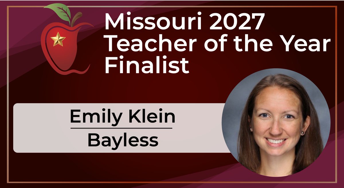 MOEducation's tweet photo. 🎉 And we’re live — kicking off the 2027 Teacher of the Year finalist announcements!

2027 Teacher of the Year Finalist 🍎

✨ Emily Klein
Social Studies | Grades 10–12
Bayless | Bayless High School ✨

Emily is recognized for creative lesson design, civic engagement, and meaningful connections with her students.

Celebrate her work by sharing! 🙌

#MOTOY2027 #TeacherSpotlight #PowerofPublicEd