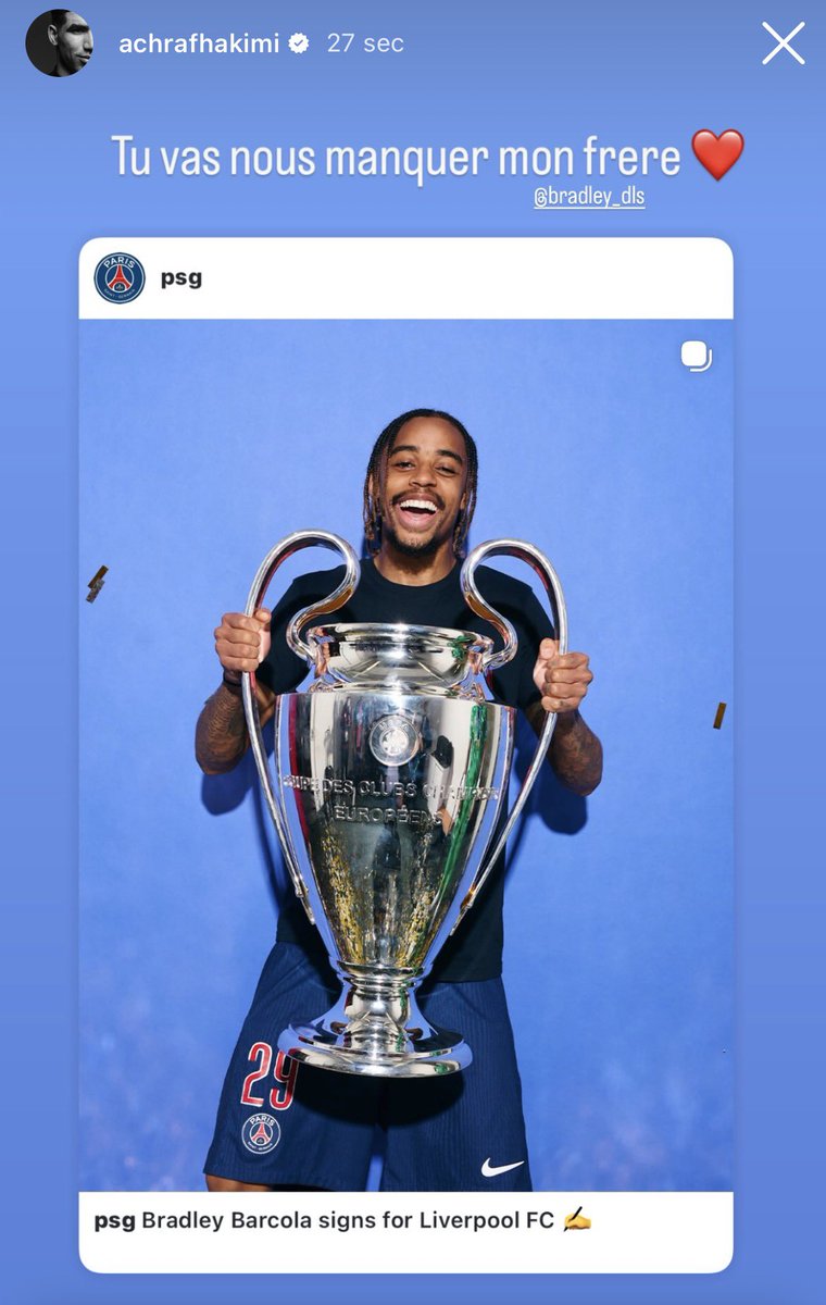 LMDPSG's tweet photo. Achraf Hakimi en story IG 

« Tu vas nous manquer mon frère ❤️ » https://t.co/TyxtrScWUp