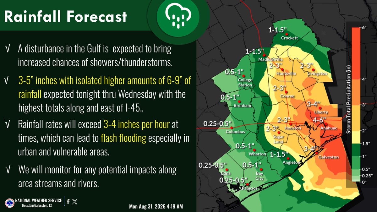 galvcountyoem's tweet photo. A low-pressure system currently located off the Louisiana coast has a 70% chance of tropical development. Regardless of whether the system develops, Galveston County area can expect rain over the next couple of days, with 3 to 5 inches of rainfall possible. https://t.co/7GwHrfr8V6