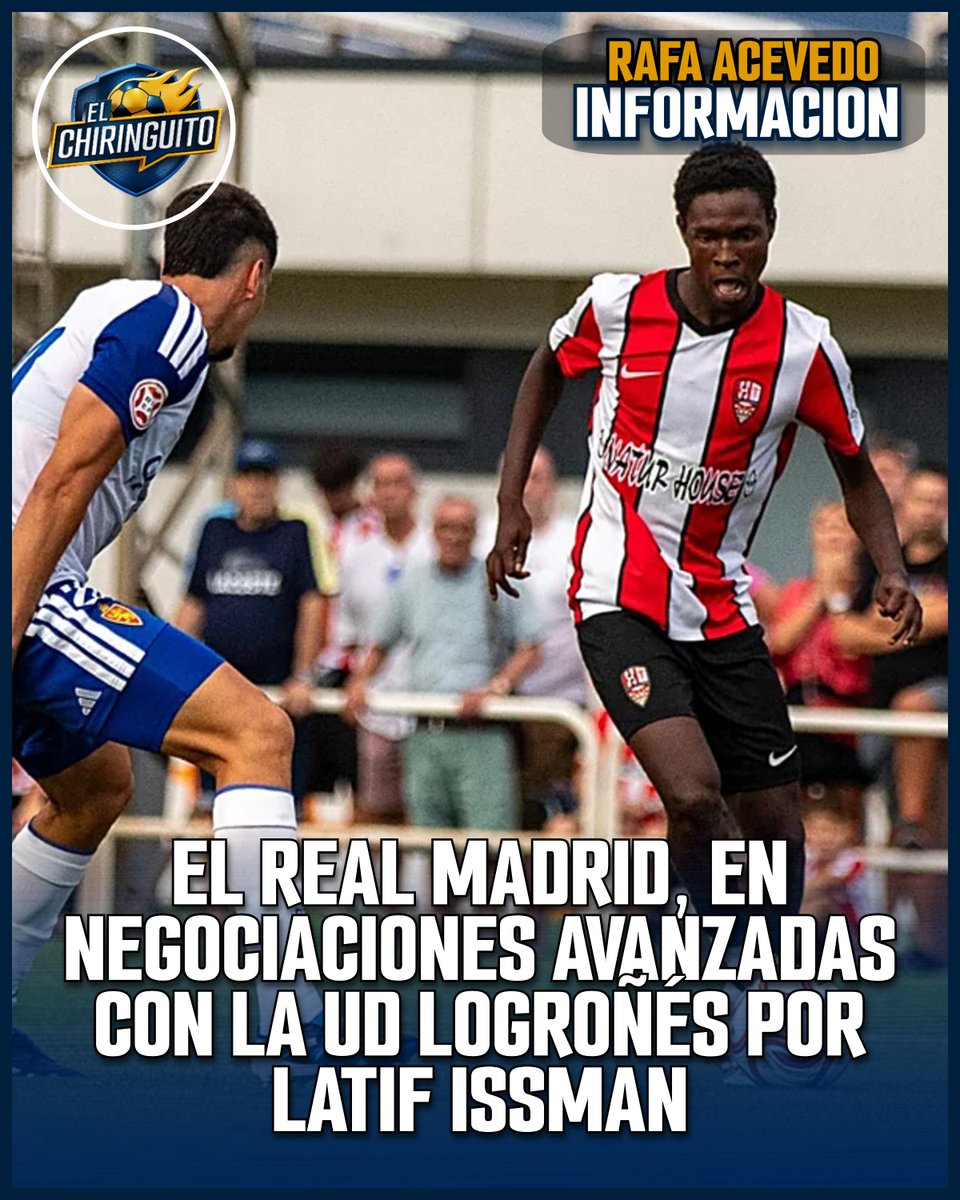 elchiringuitotv's tweet photo. ⚪️ El Real Madrid, en negociaciones avanzadas por Latif Issman.

💰 El centrocampista tiene una cláusula de 500.000€, pero ambos equipos buscan llegar a un acuerdo de traspaso.

👉 Jugaría en el Real Madrid Castilla esta temporada.

ℹ️ @Rafaacevedo_ https://t.co/vgQf38ab7w