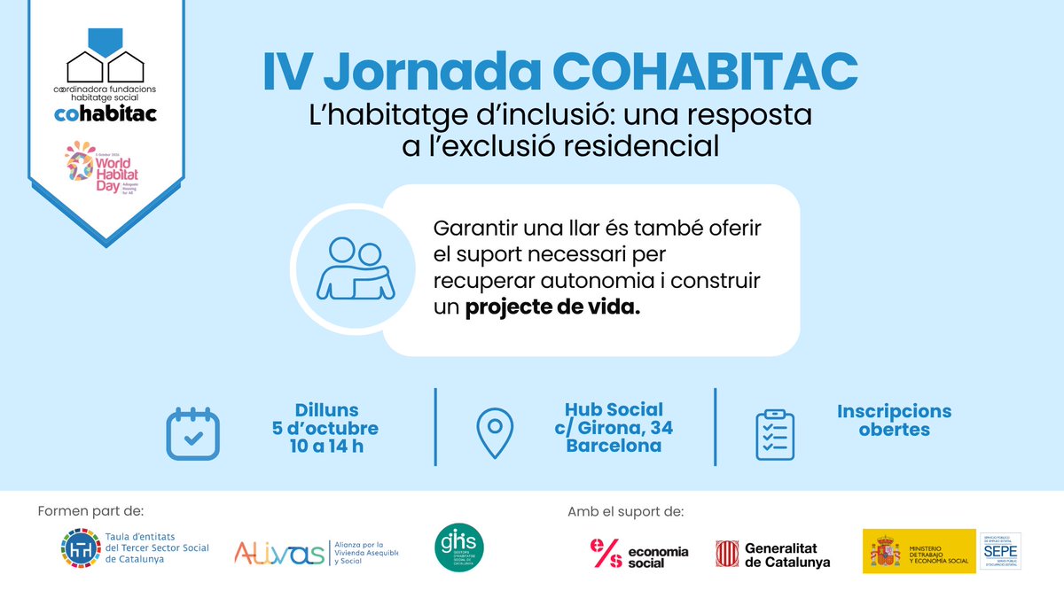 cohabitac's tweet photo. 🏠 IV Jornada COHABITAC | Dia Mundial de l’Hàbitat 2026
📋 Programa i inscripcions: https://t.co/NPqqa09m48

#WorldHabitatDay2026 #WorldHabitatDay #DiaMundialHabitat #DiaMundialHabitat2026 https://t.co/epun05l403