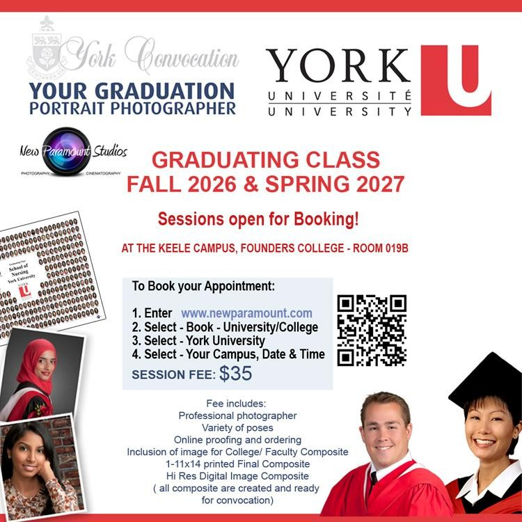 YorkUKINE's tweet photo. Say cheese, grads!

Booking for your grad photos is officially live. 

This applies to all members of the Class of 2026-2027, including October convocation grads.

Have questions? Reach out to customer service at nps@look.ca or call 416-653-5103. https://t.co/VJFRHDhdQ2
