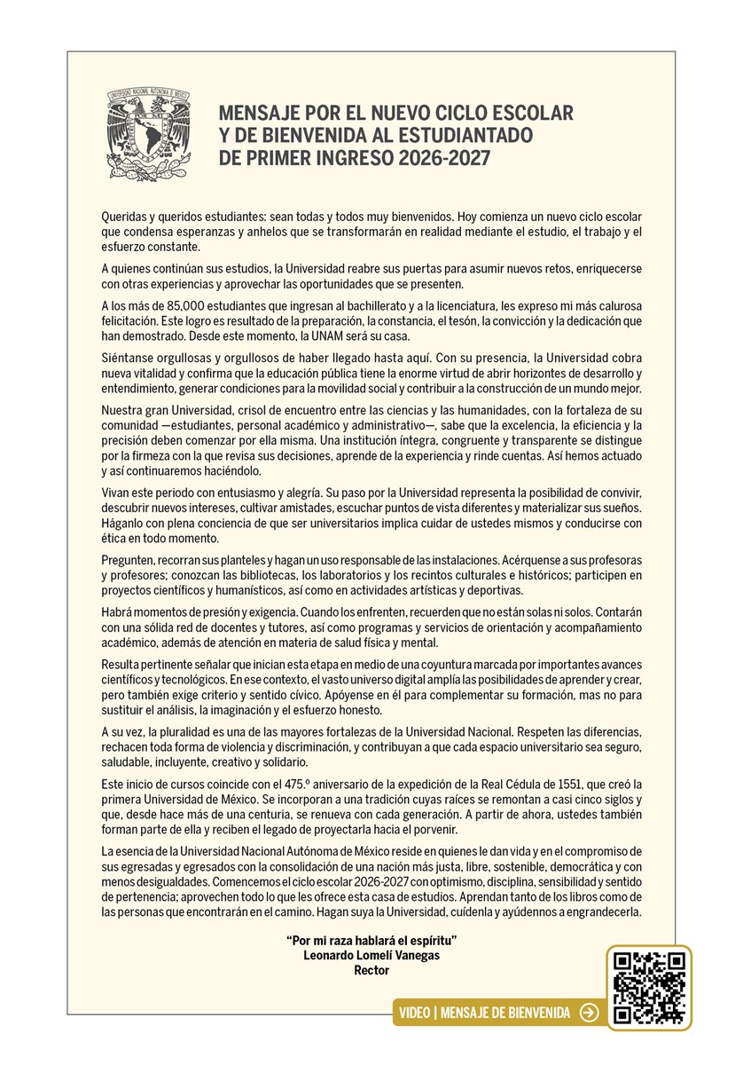 UNAM_MX's tweet photo. #Contraportada Mensaje por el nuevo ciclo escolar y de bienvenida al estudiantado de primer ingreso 2026-2027.

Edición completa de @Gaceta_UNAM > https://t.co/njCfGqWCUo https://t.co/NJdwzs6QCh