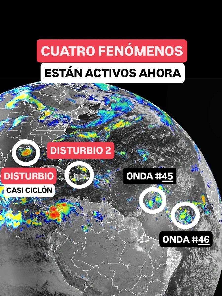 JeanSuriel's tweet photo. 🔴🔴TOMEN NOTA | El centro del disturbio atmosférico ya se encuentra al norte de República Dominicana desplazándose hacia el oeste-noroeste: veremos un aumento de las lluvias, las ráfagas de viento y las descargas eléctricas en las próximas 6 a 12 horas. Desde esta tarde ha aumentará el potencial de inundaciones repentinas.

🔴Actualmente hay cuatro fenómenos atmosféricos en la cuenca atlántica, dos de ellos con posibilidad de desarrollo ciclónico en los próximos días:

⚠️Un disturbio en el Golfo de México (podría convertirse en depresión tropical).
⚠️El disturbio al norte del país (asociado con la activa onda 43).
⚠️La onda tropical número 45 en el Atlántico central (llegará el jueves a la región).
⚠️Y la onda 46 en el Atlántico oriental (se acercará el domingo).

Sigue ⬇️