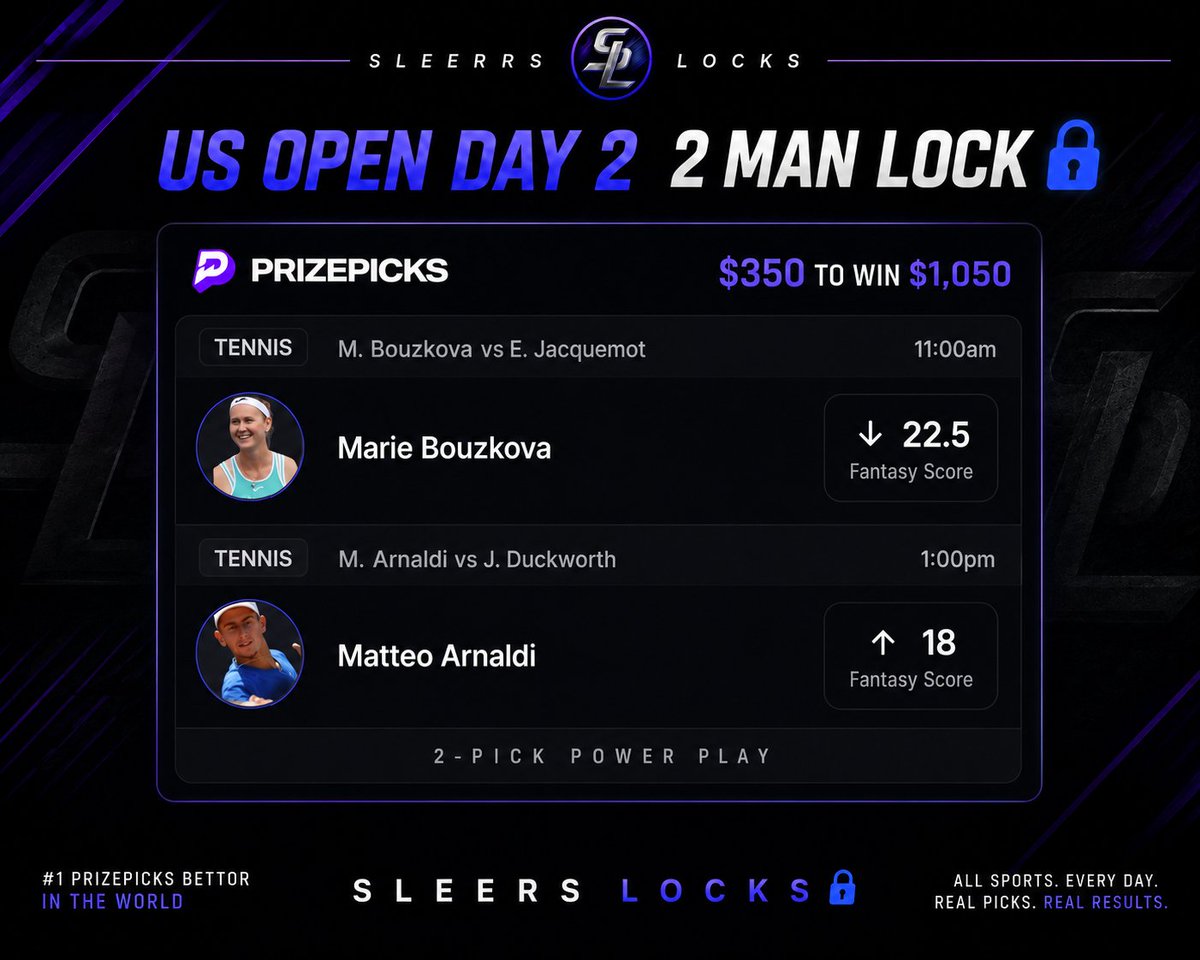 sleerslocks's tweet photo. US OPEN DAY 2 🎾 2 MAN LOCK🔒

MARIE BOUZKOVA U22.5 FS
MATTEO ARNALDI O18 FS

$350 TO WIN $1,050 💰

❤️ if tailing

#PrizePicks #GamblingX #USOpen https://t.co/lnqTIRpuvx