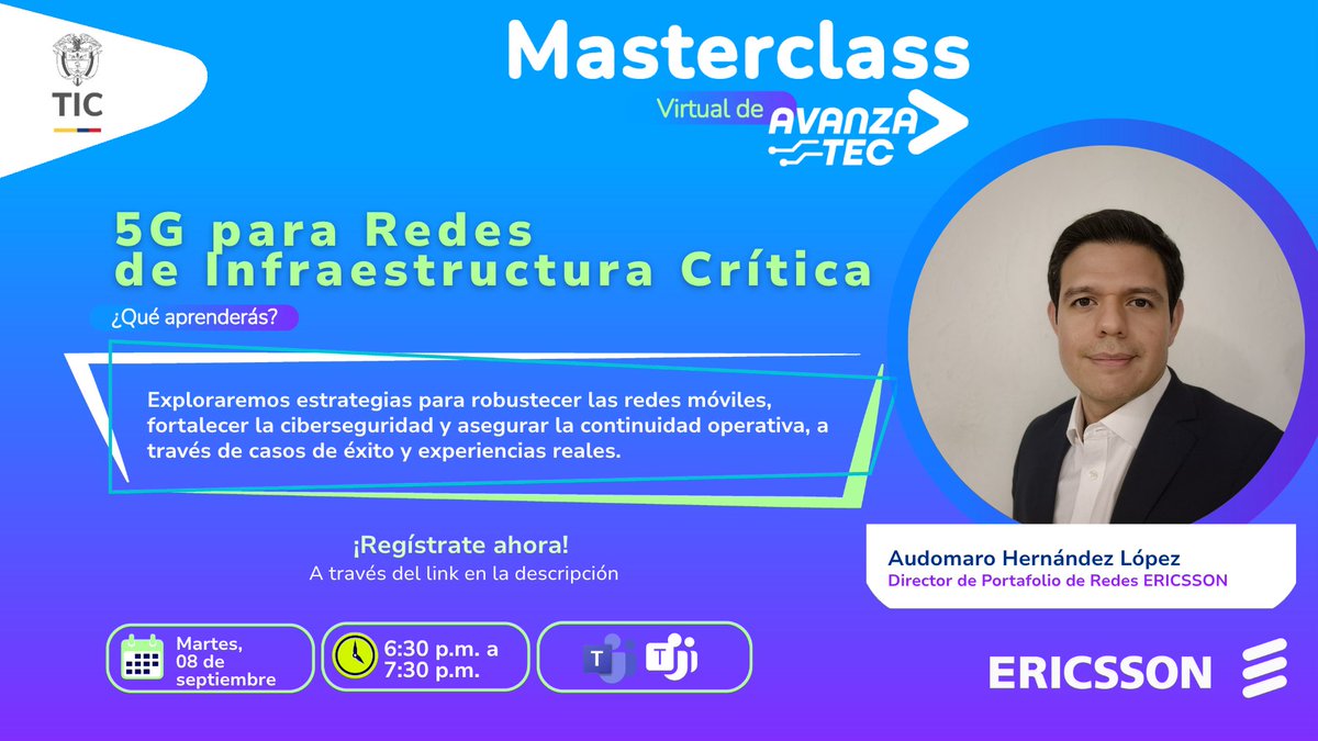 IndustriaDigCol's tweet photo. ¿List@ para liderar la transformación tecnológica de la región? 🚀📲

Acompáñanos en la Masterclass 5G para Redes de Infraestructura Crítica junto a @EricssonLATAM y @AvanzaTEC del @Ministerio_TIC.

Inscríbete:🔗 https://t.co/qa5mmeeH6d https://t.co/x1INlQadiF